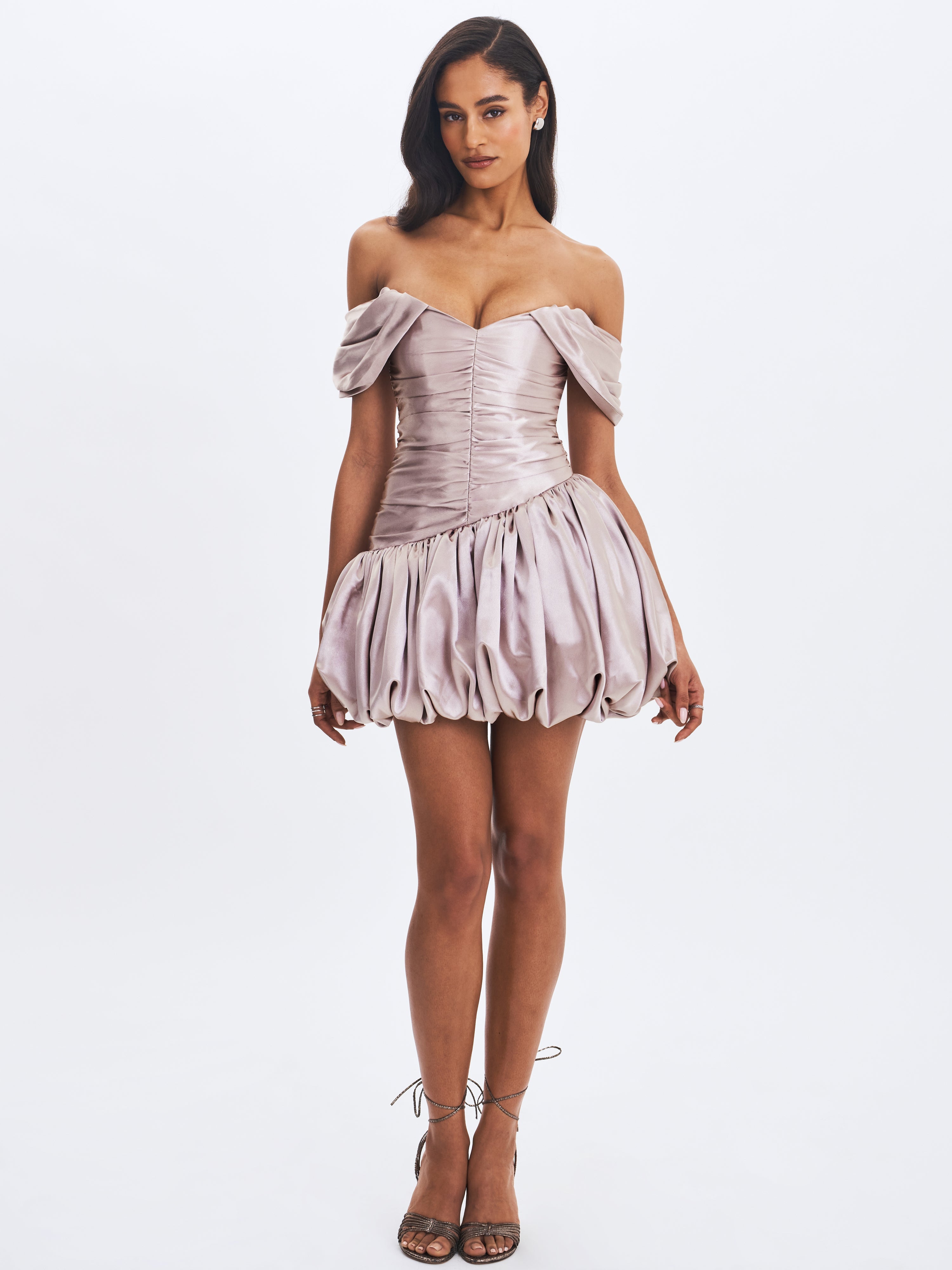 Milena Champagne Ruched Asymmetrical Bubble Mini Dress