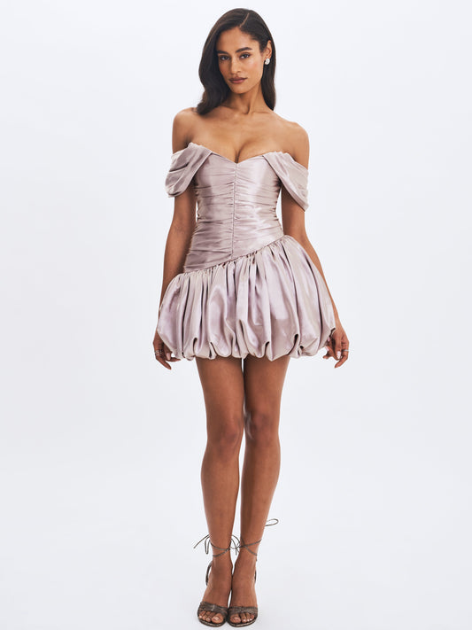 Milena Champagne Ruched Asymmetrical Bubble Mini Dress
