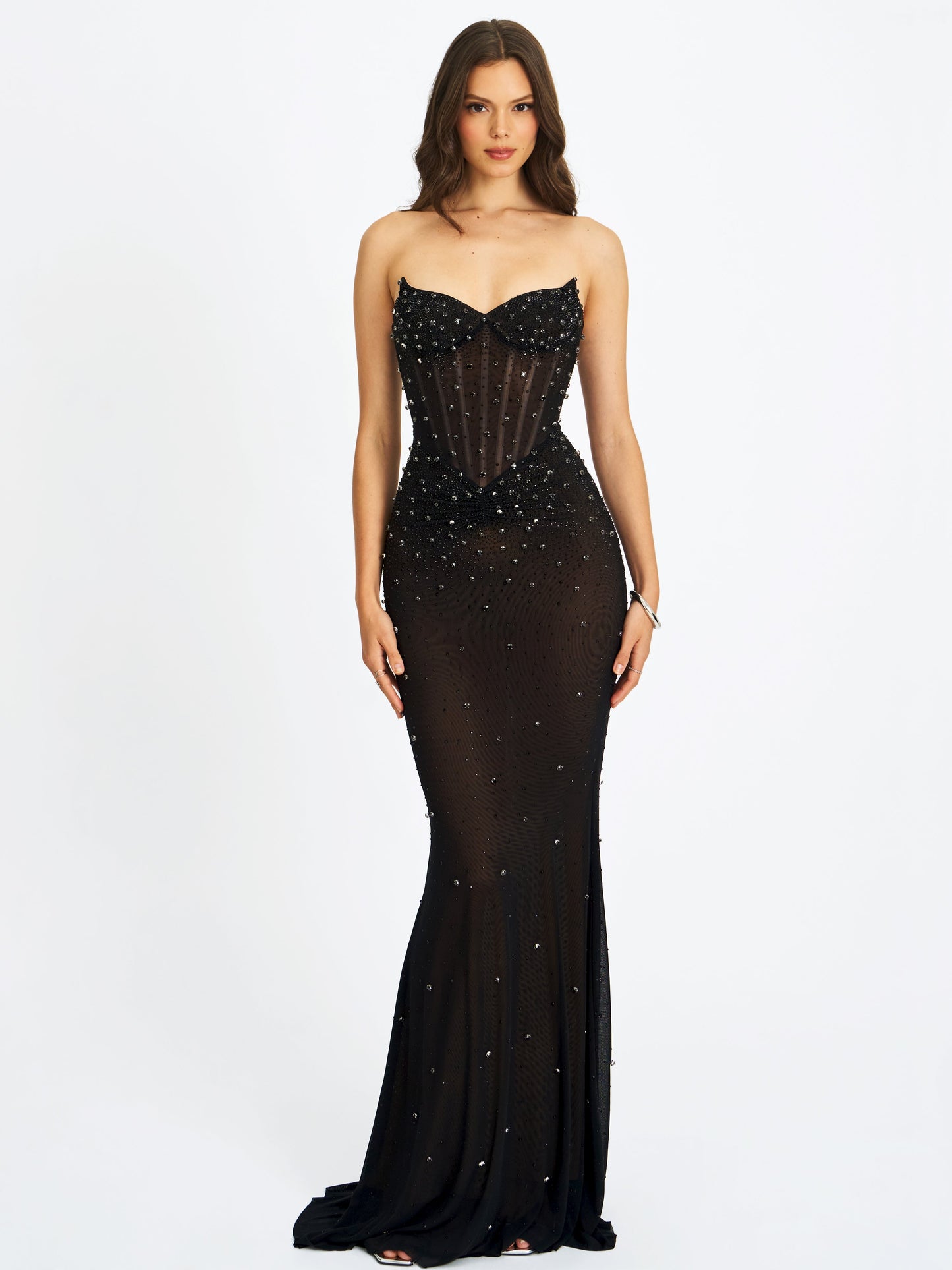 Fatima Black Crystal Sleeveless Corset Mermaid Maxi Dress