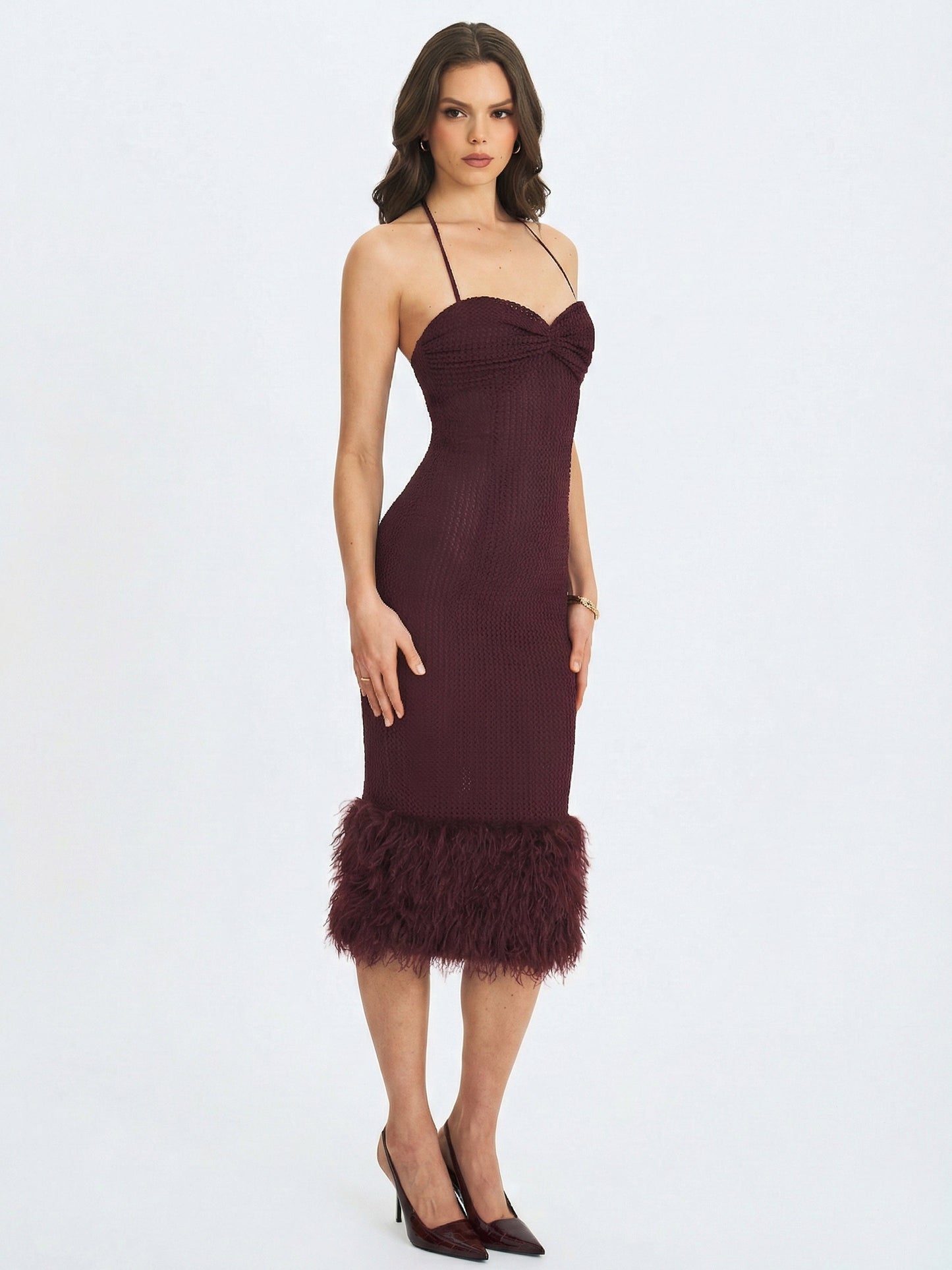 Pluma Maroon Halter Faux-Fur Trimmed Midi Dress