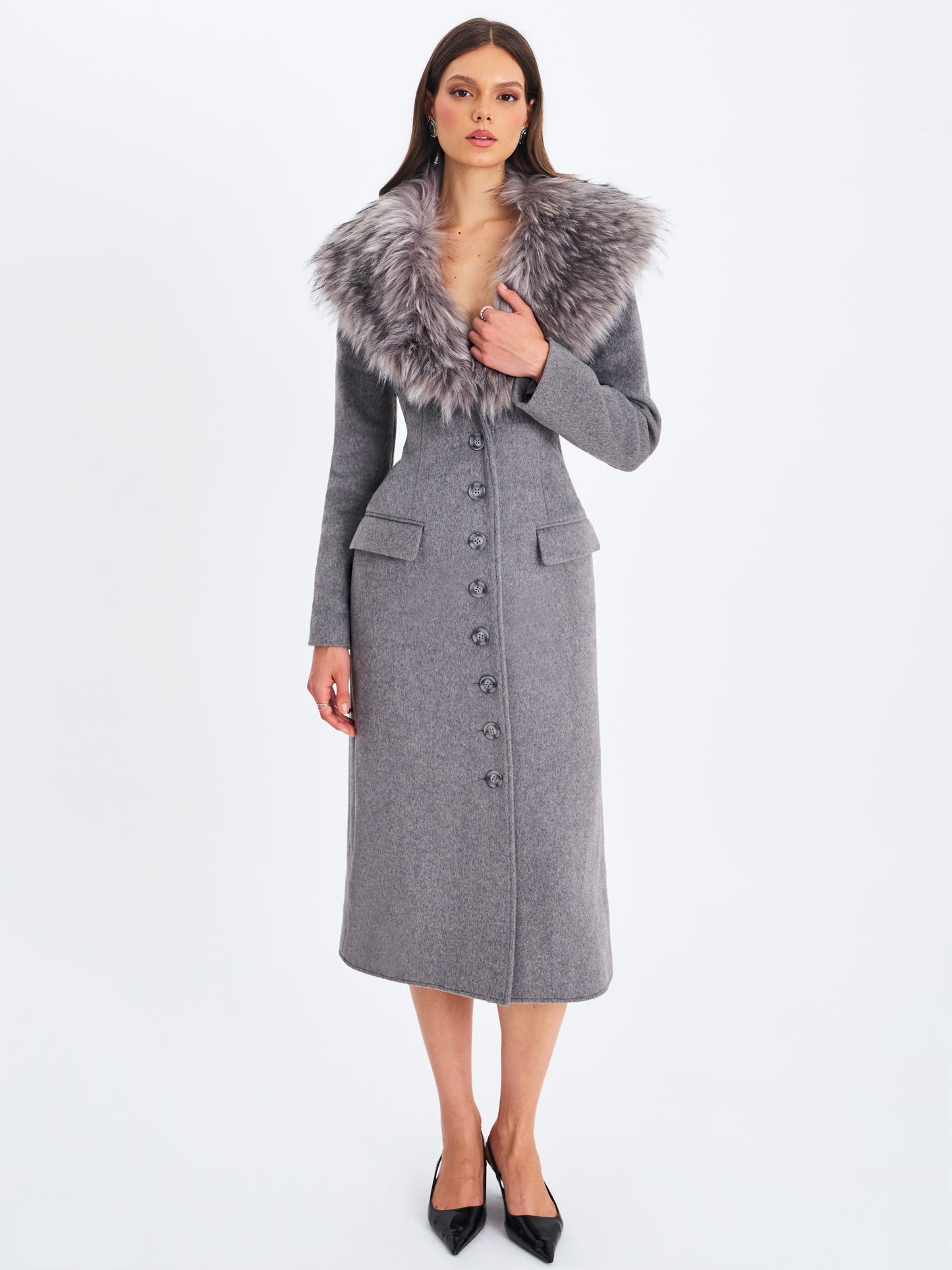 Faye Grey Wool Blend Single-Breasted Coat with Removable Faux Fur Collar