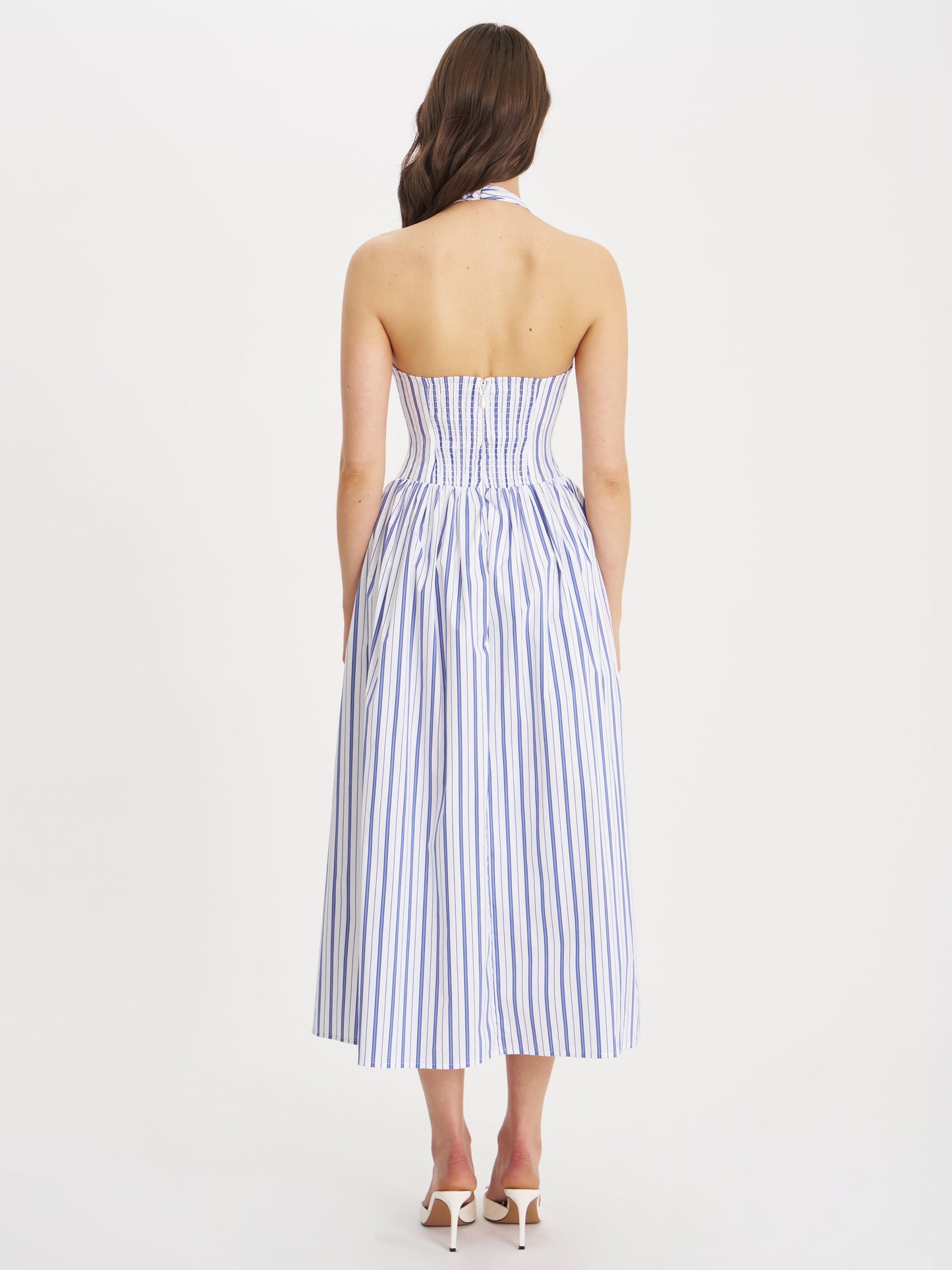 Mackenna Navy Stripe Halter Smock Back Maxi Dress