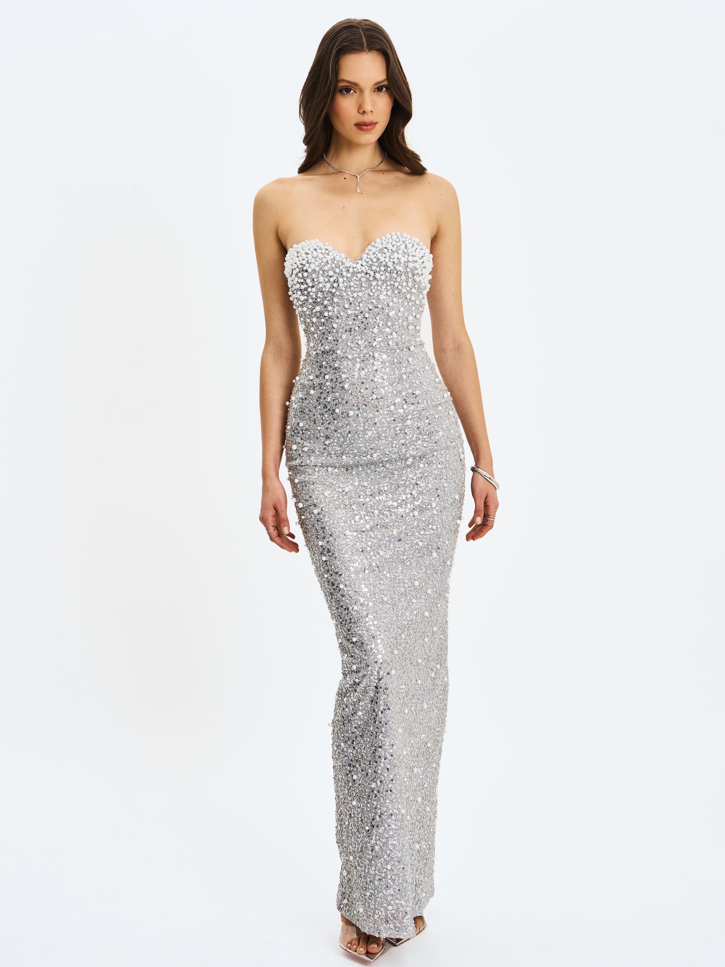 Noelle Silver Sequin Pearl-Embellished Sweetheart Maxi Dress