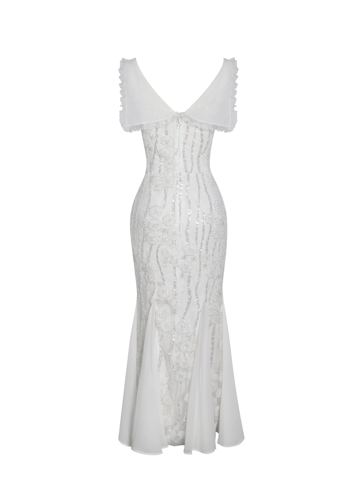 Paola White Peter Pan Collar Beaded Sequin Mermaid Midi Dress