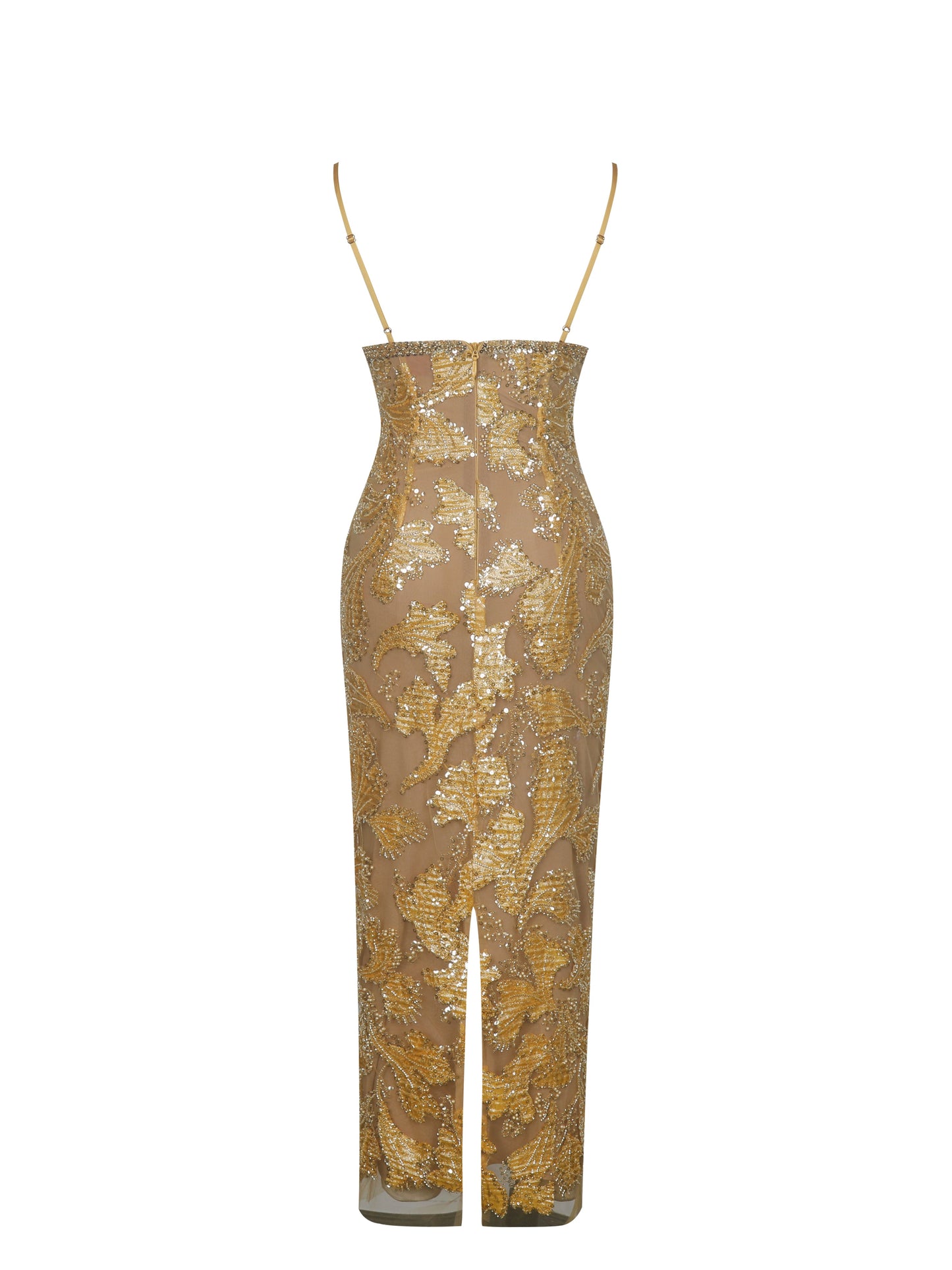 Edie Gold Beaded Sequin Midi Pencil Dress