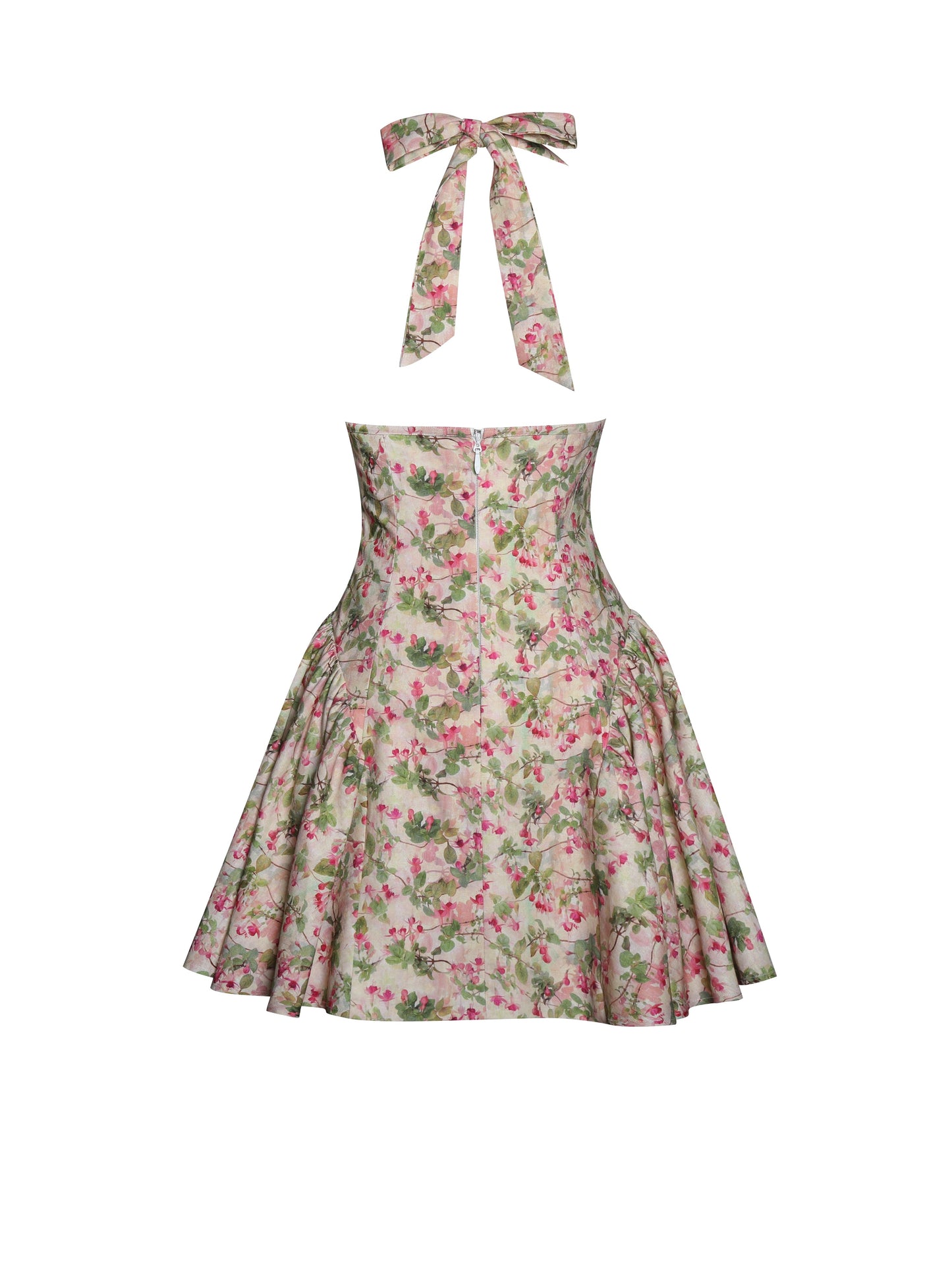 Mackenzie Green and Pink Floral Print Halter Linen Mini Dress
