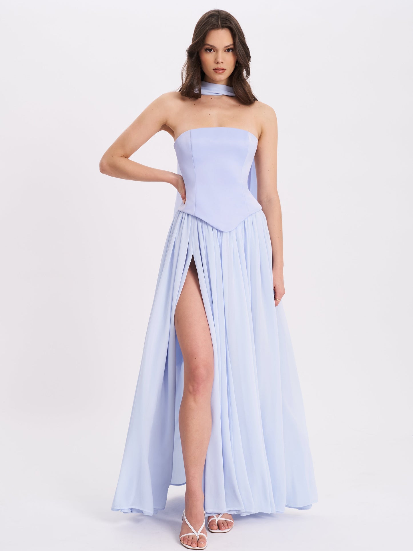 Qianna Baby Blue Peplum Drop Waist Chiffon Gown