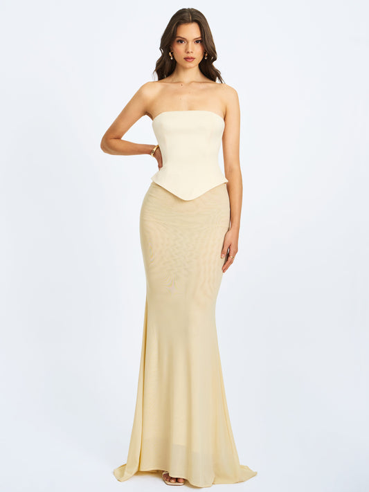 Adelina Butter Yellow Peplum Mermaid Gown with Lace-up Back