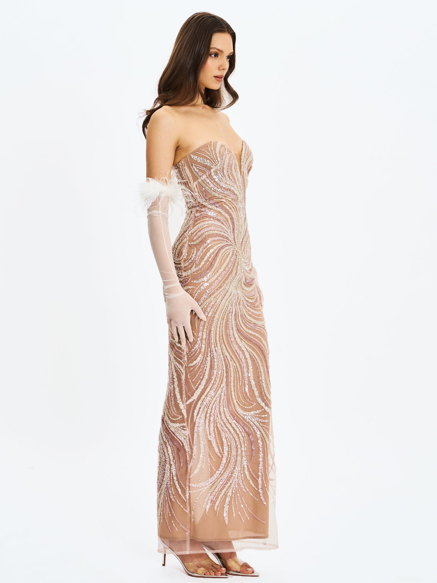 Quinci Apricot Beaded Sequin Sweetheart Maxi Dress