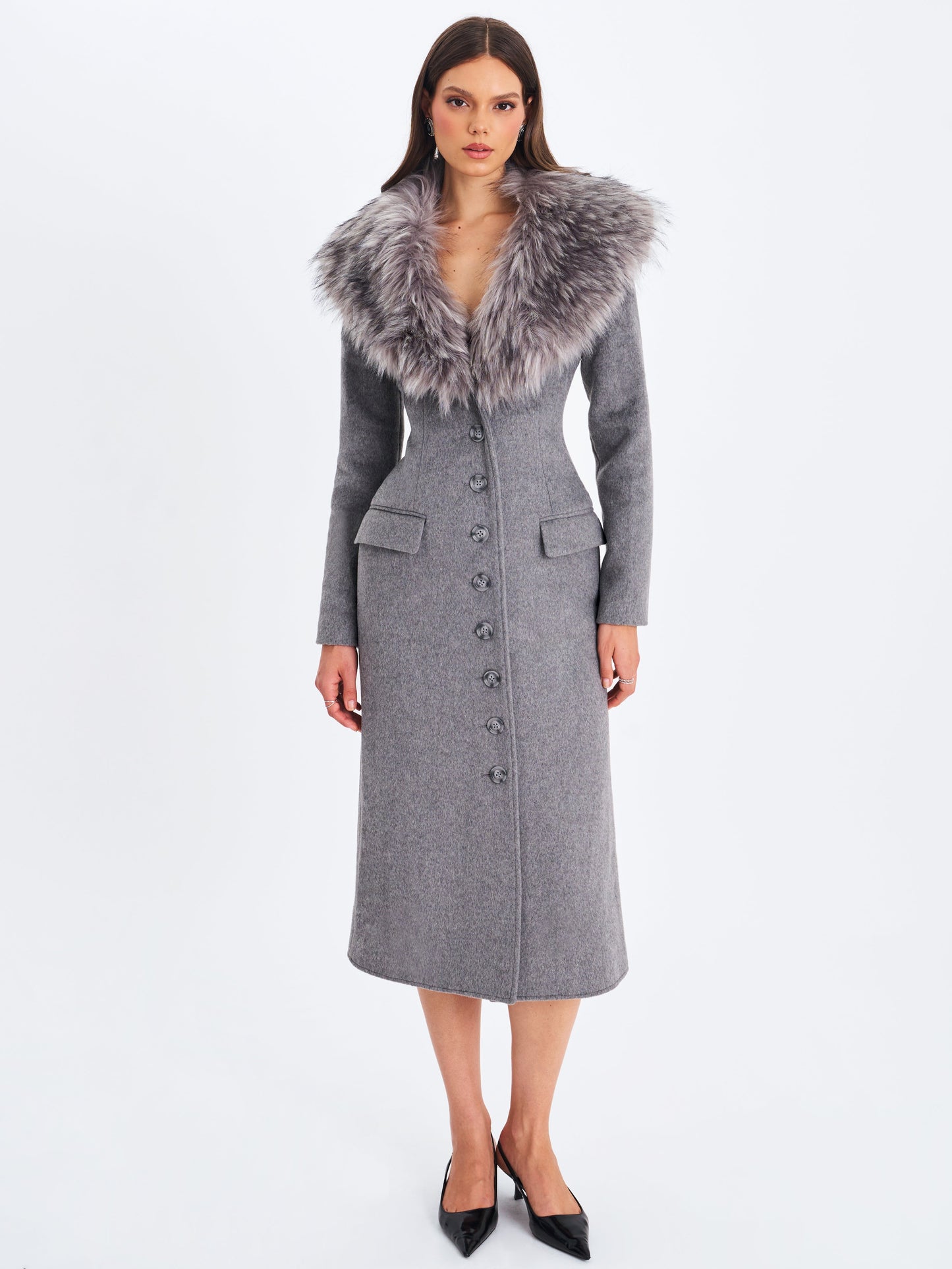 Faye Grey Wool Blend Single-Breasted Coat with Removable Faux Fur Collar
