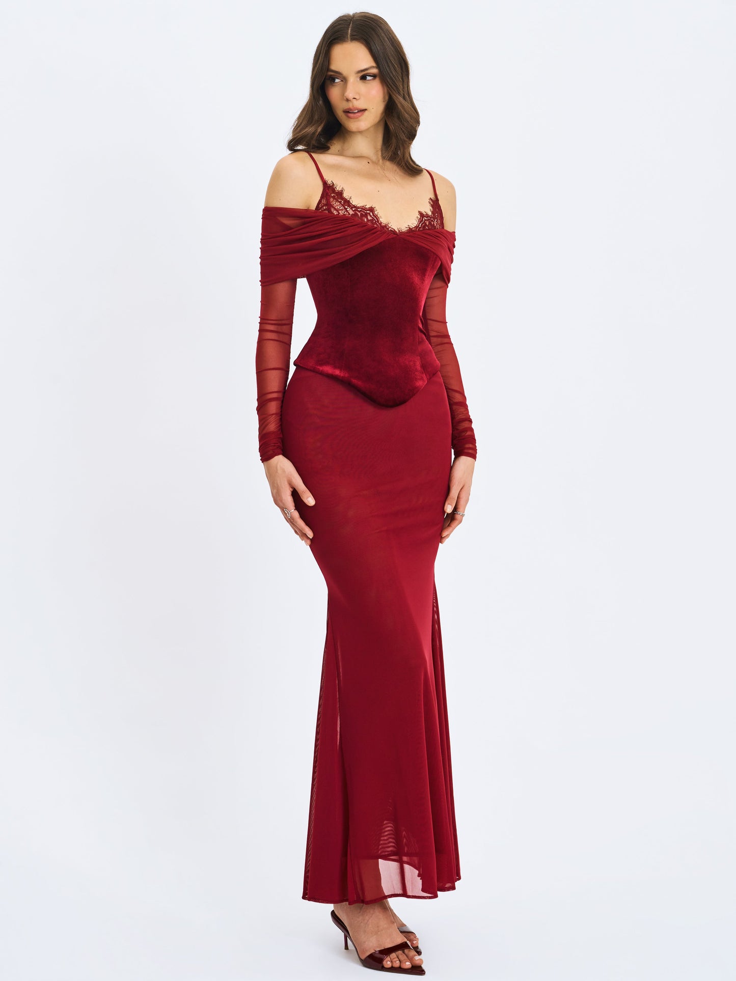 Maybelle Magenta Bardot Lace Strap Peplum Maxi Dress