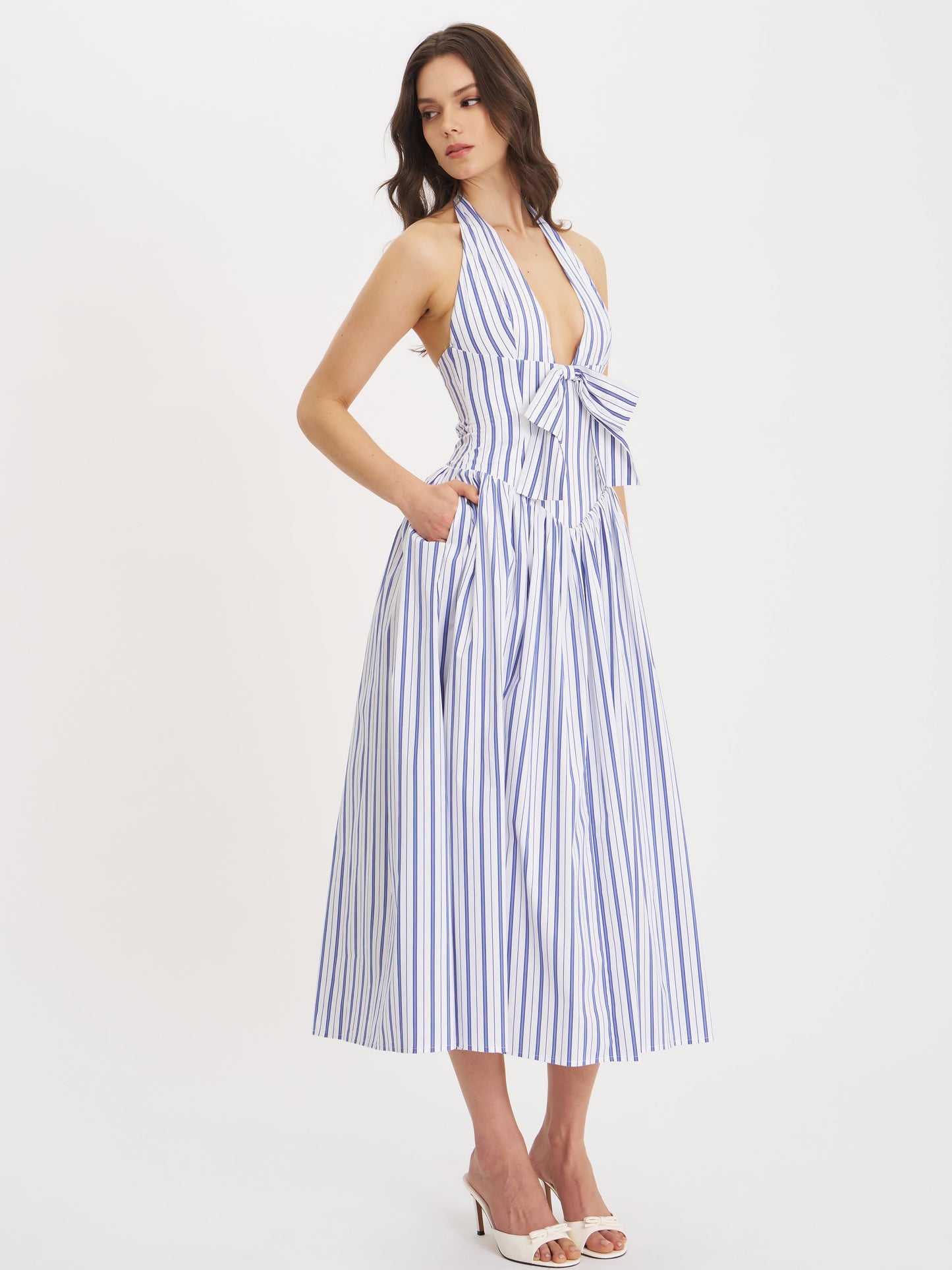 Mackenna Navy Stripe Halter Smock Back Maxi Dress