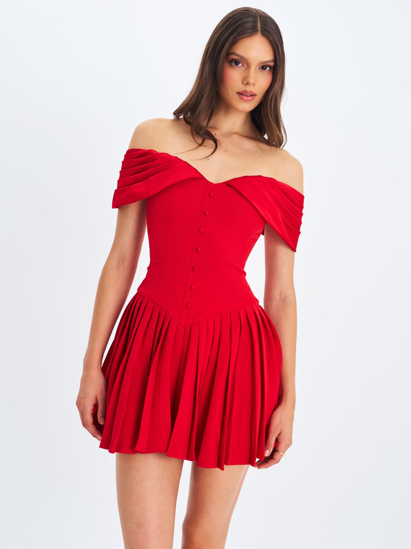 Narelle Crimson Off-Shoulder Sweetheart Drop Waist Mini Dress