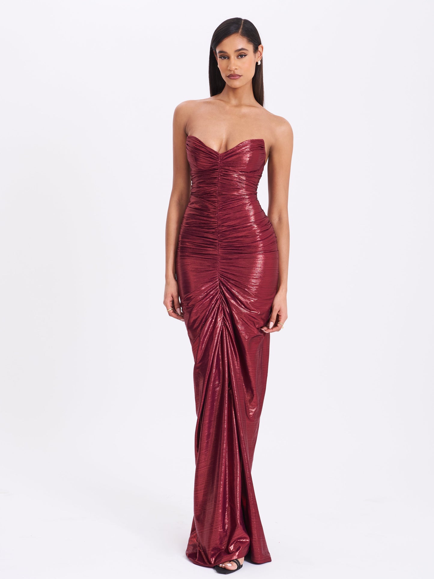 Sable Ruched Burgundy Glitter Mermaid Gown