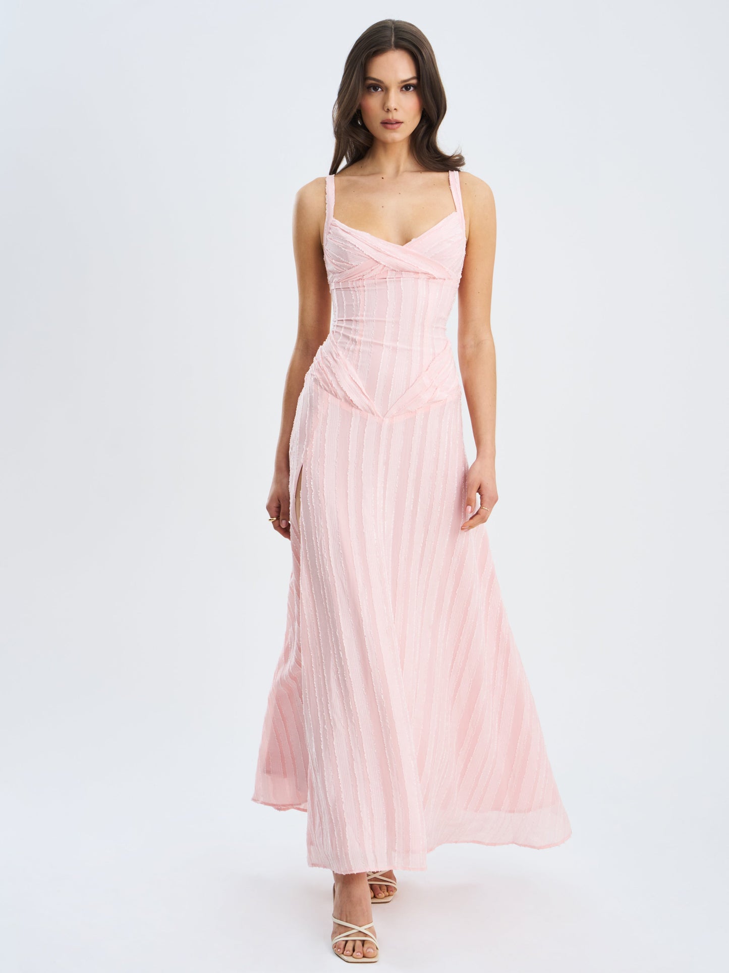 Mallory Baby Pink Stripe Jacquard High Slit Gown