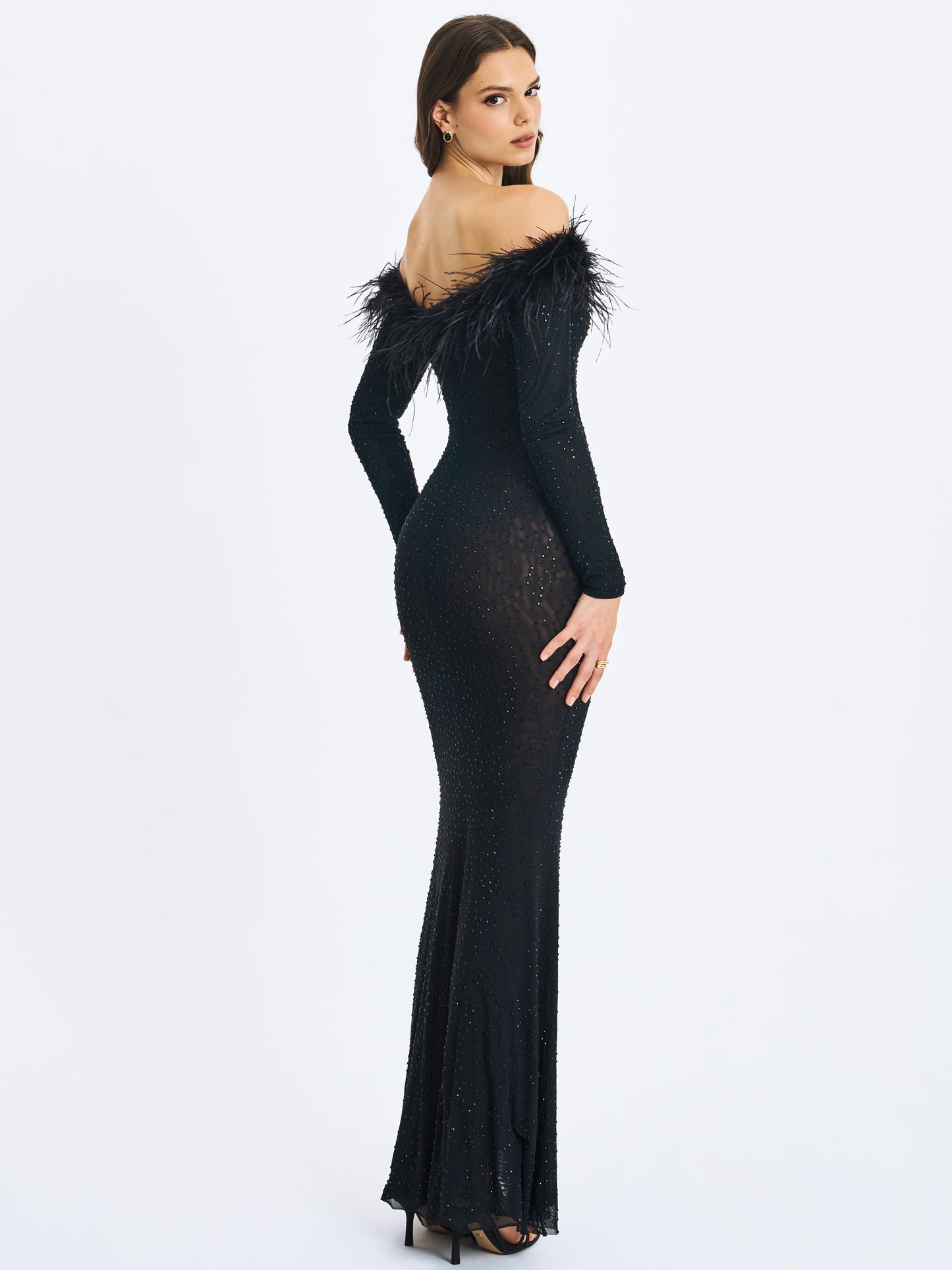 Emberly Black Fur Trimmed Off-Shoulder Rhinestone Mermaid Maxi Dress