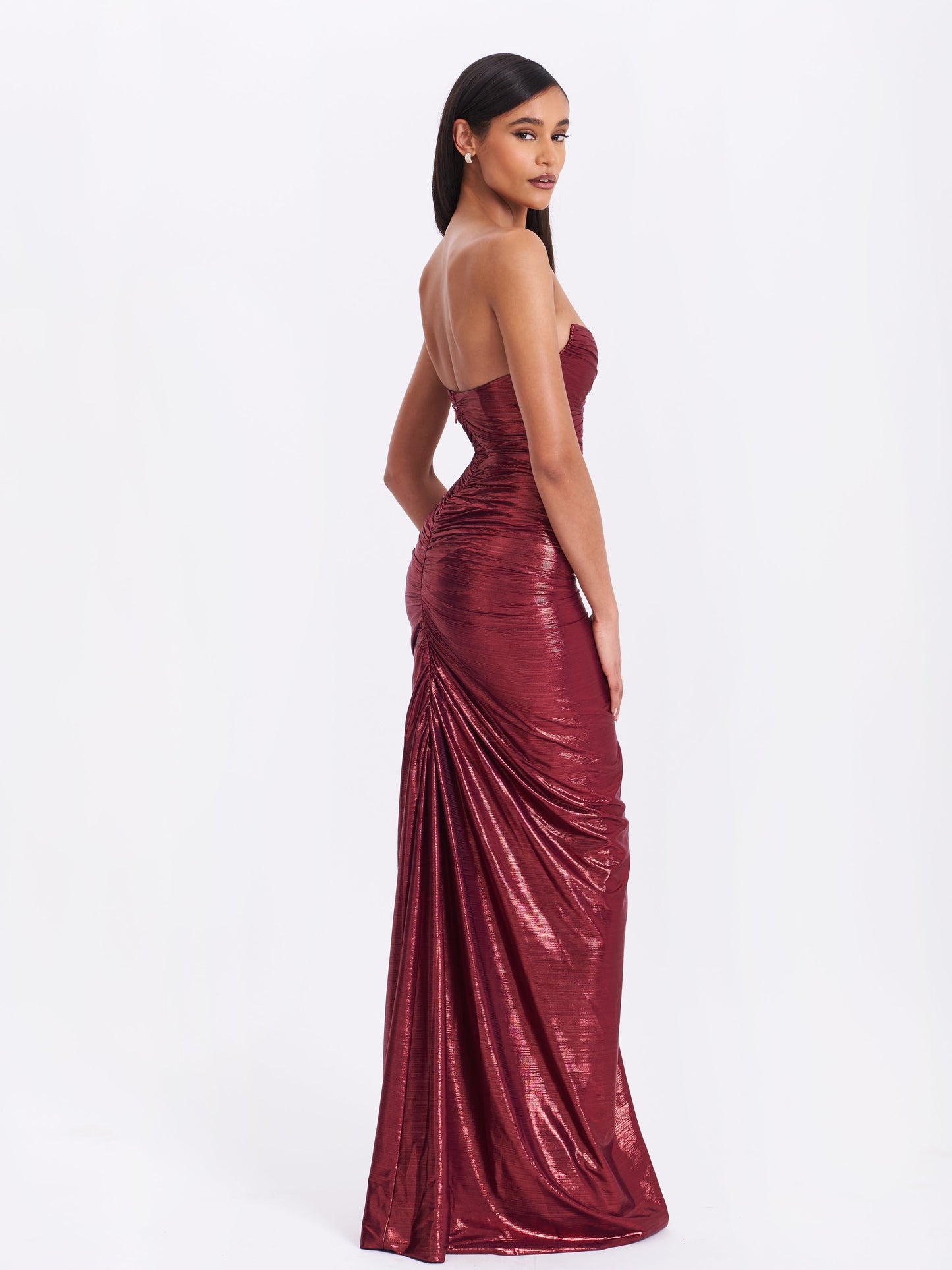 Sable Ruched Burgundy Glitter Mermaid Gown