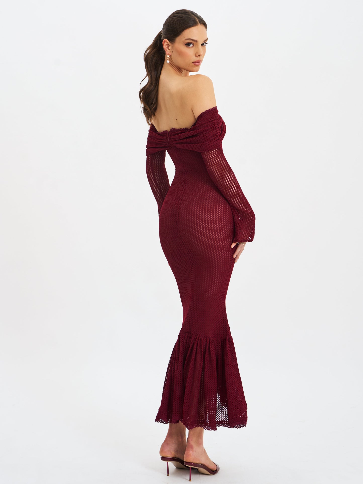 Kaedyn Burgundy Off Shoulder Long Sleeve Crochet Mermaid Maxi Dress