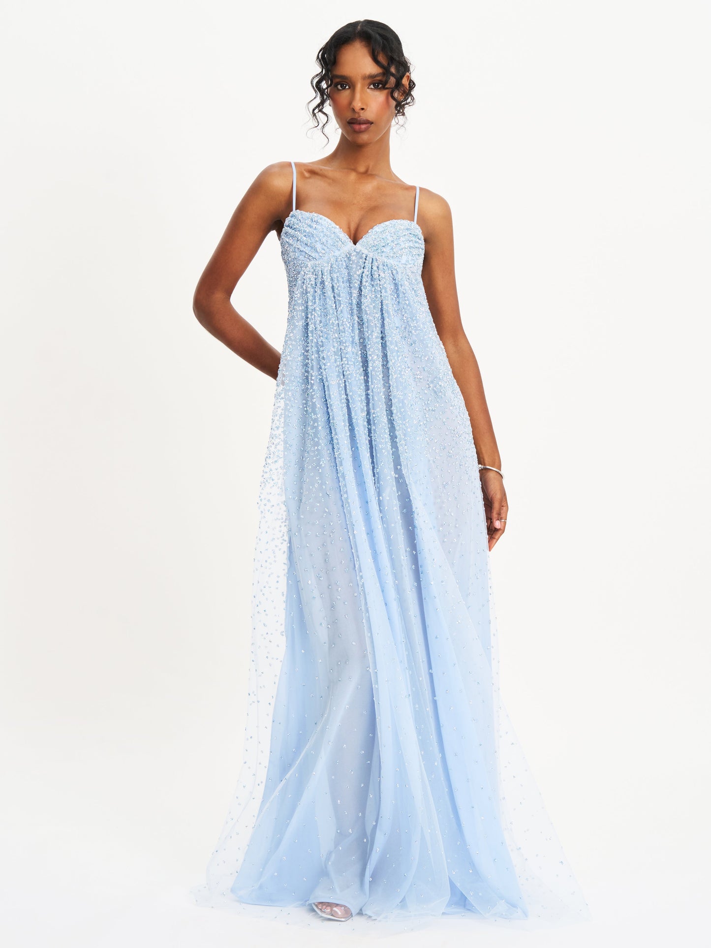 Wallie Baby Blue Rhinestone Embellished Mesh Backless Gown