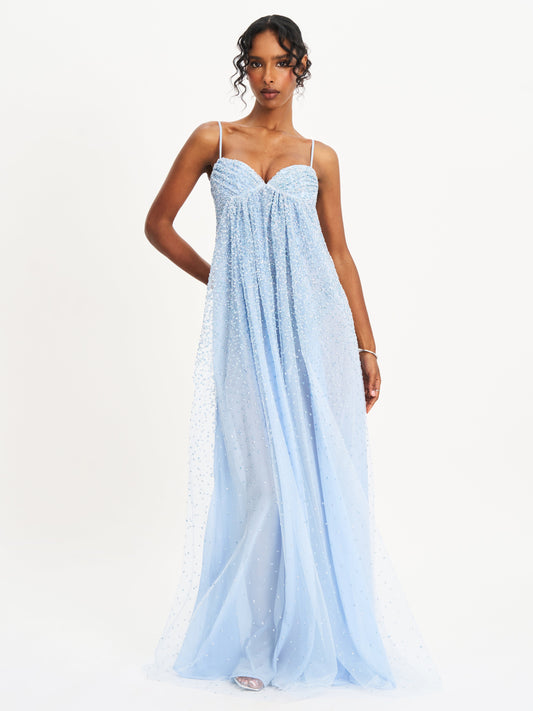 Wallie Baby Blue Rhinestone Embellished Mesh Backless Gown