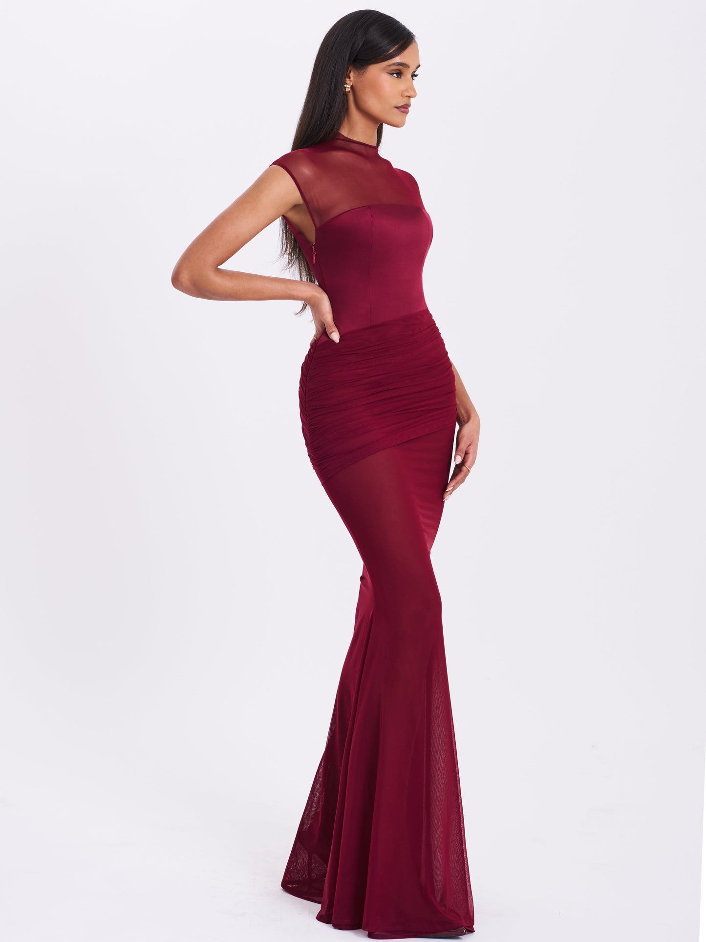 Fabienne Burgundy Mesh Cap Sleeve Mermaid Gown
