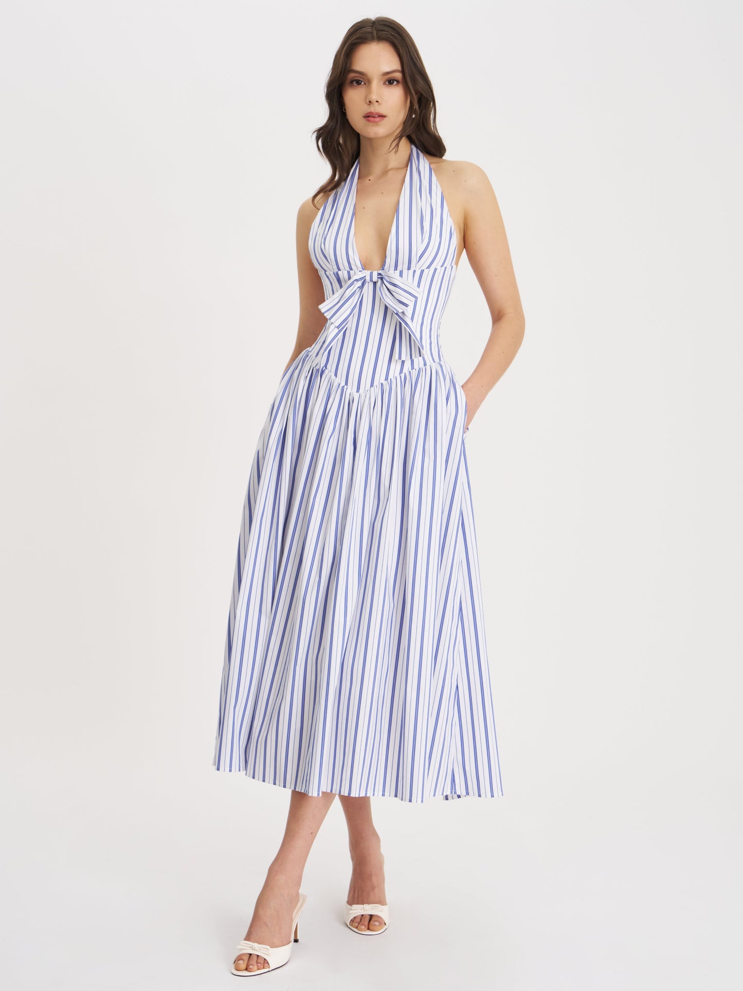 Mackenna Navy Stripe Halter Smock Back Maxi Dress