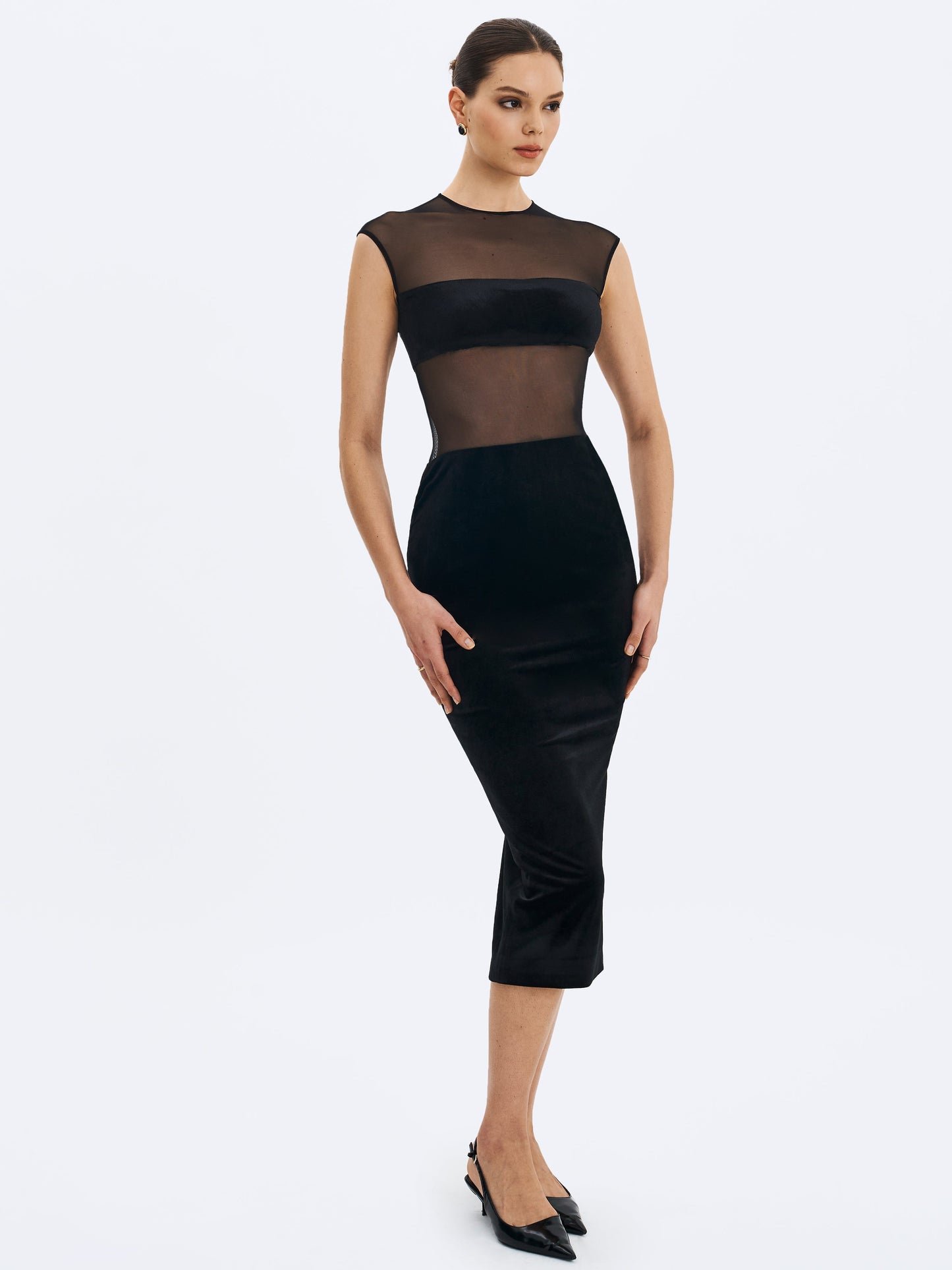 Quielle Black Mesh and Velvet Midi Bodycon Dress