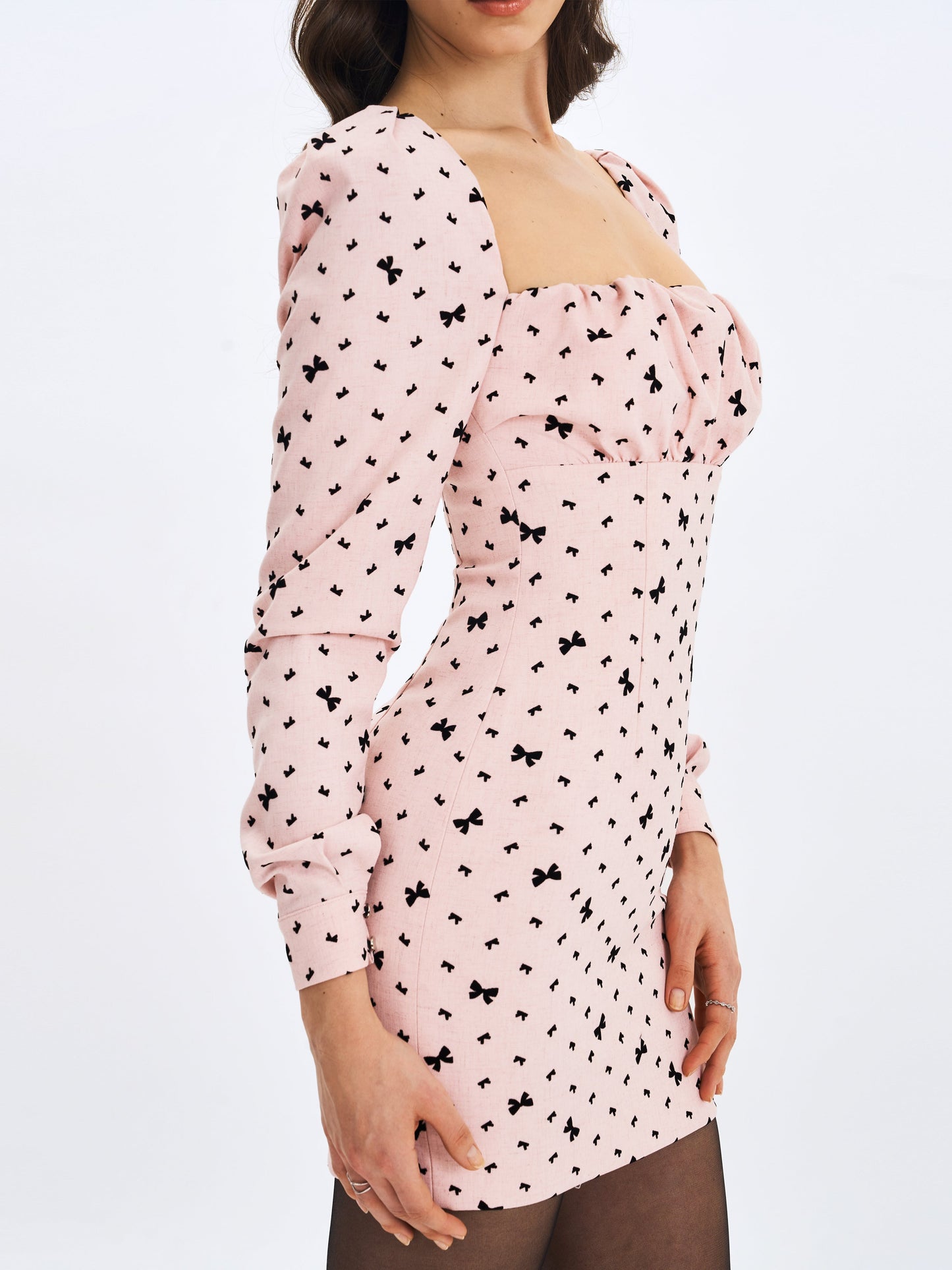 Perla Baby Pink Ruched Bust Velvet-Embossed Bow Mini Dress