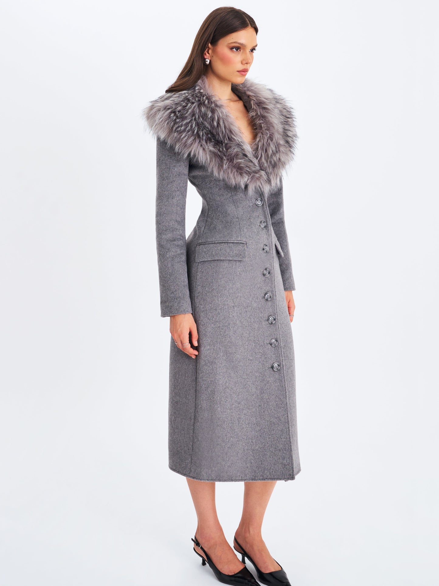 Faye Grey Wool Blend Single-Breasted Coat with Removable Faux Fur Collar