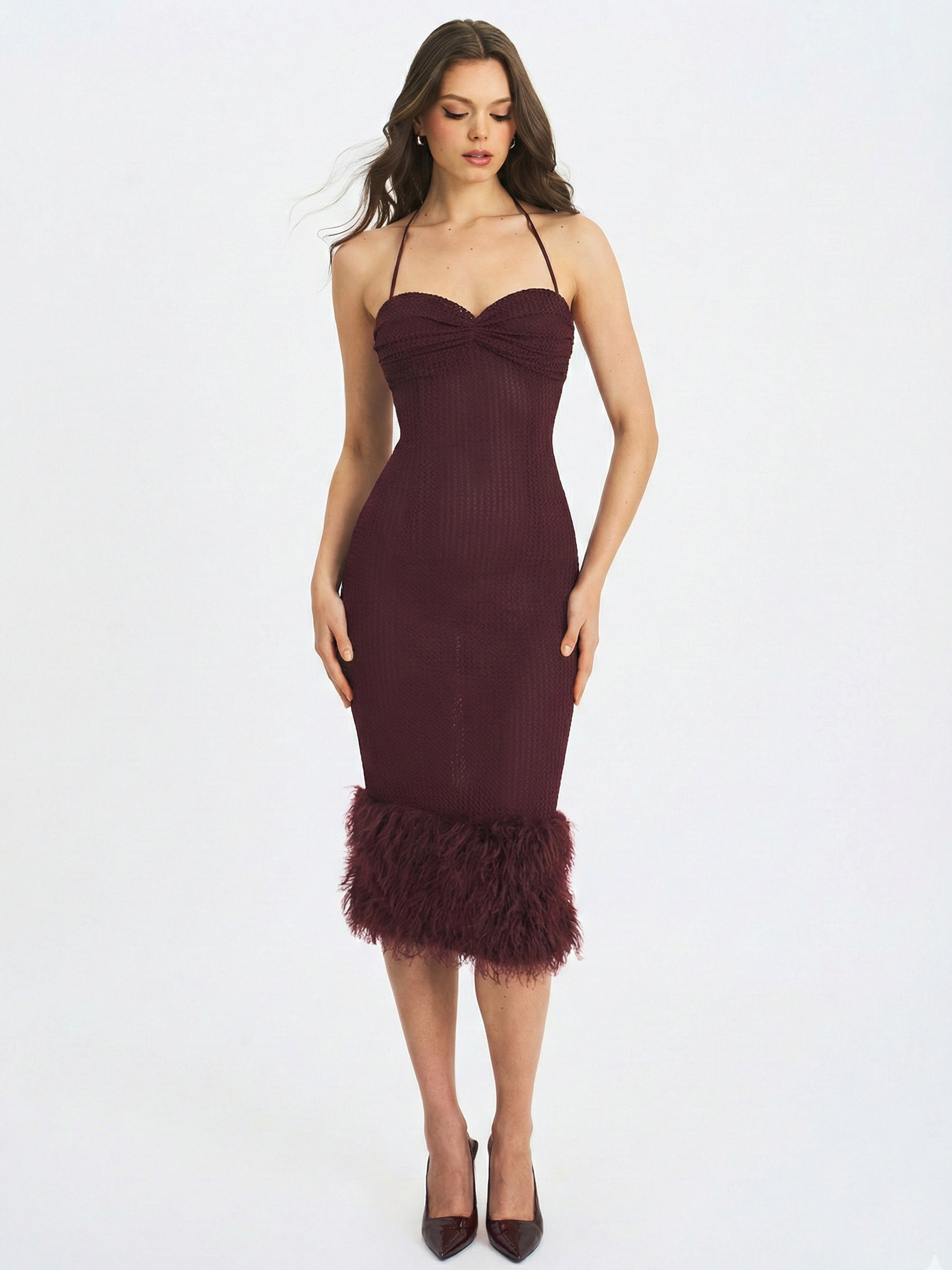 Pluma Maroon Halter Faux-Fur Trimmed Midi Dress