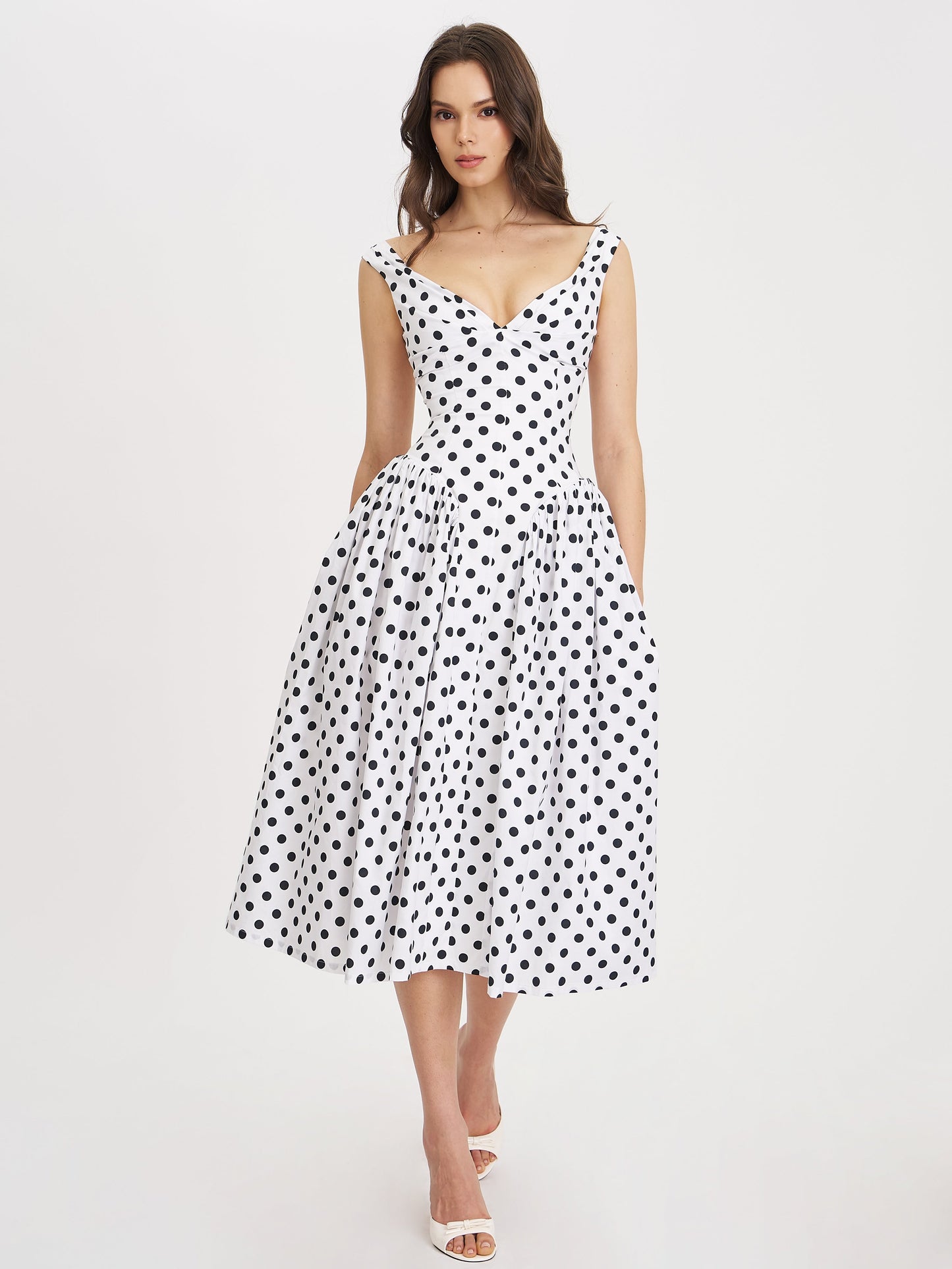 Rahma Polka Dot Drop Waist Midi Cotton Poplin Dress