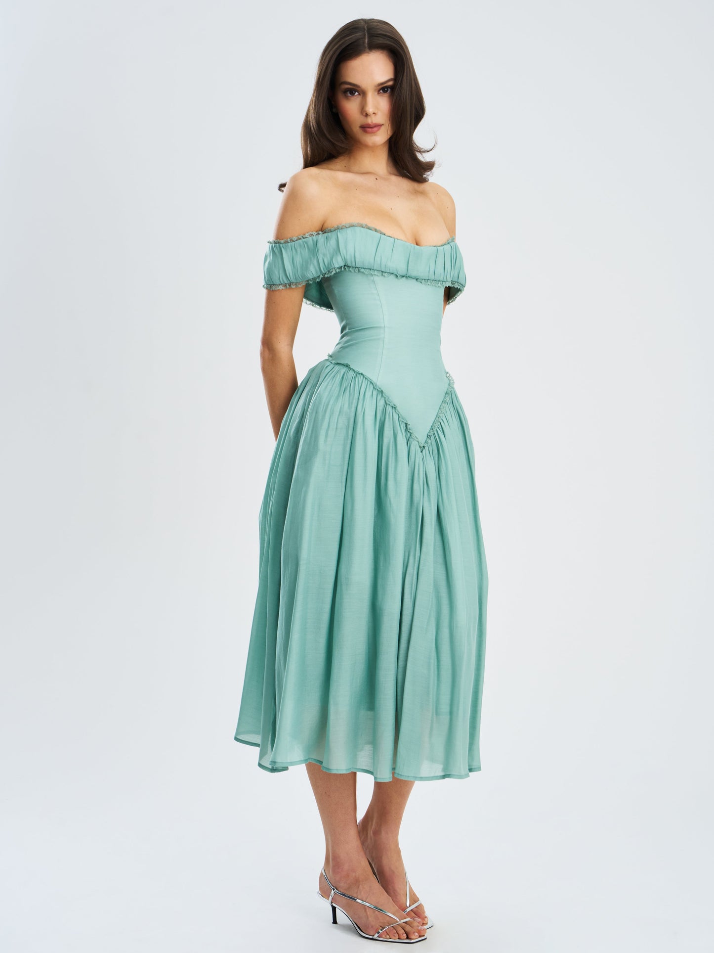 Xavy Teal Green Off Shoulder Corset Midi Dress