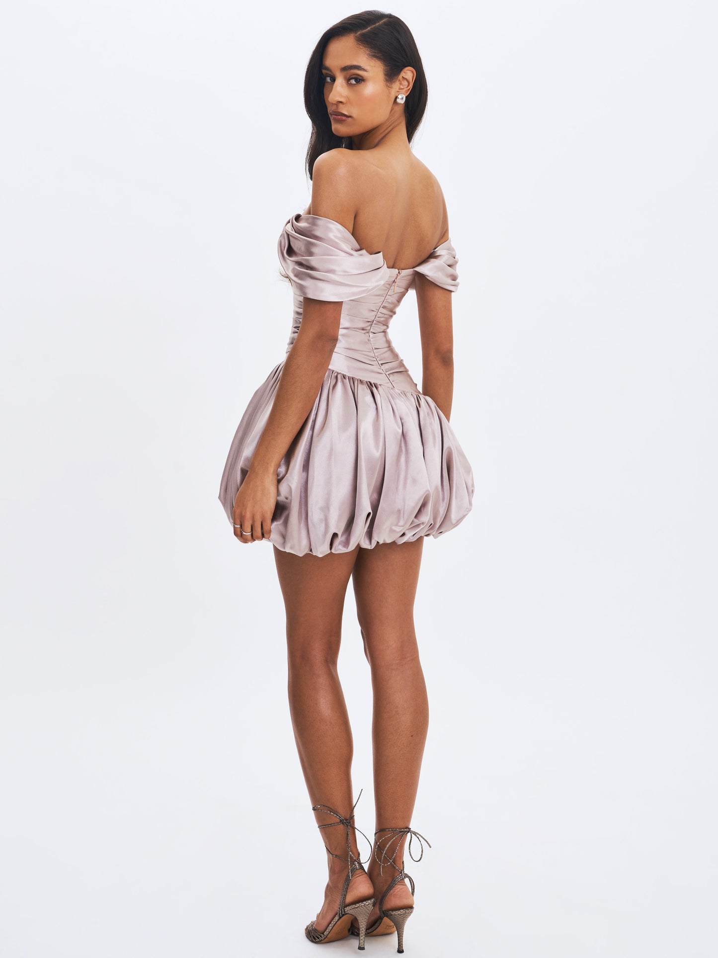 Milena Champagne Ruched Asymmetrical Bubble Mini Dress