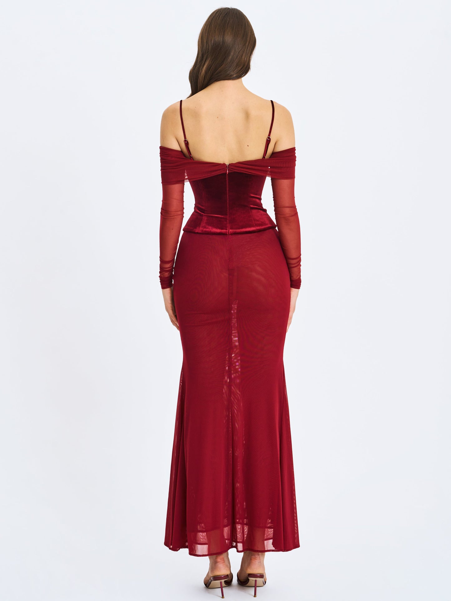 Maybelle Magenta Bardot Lace Strap Peplum Maxi Dress