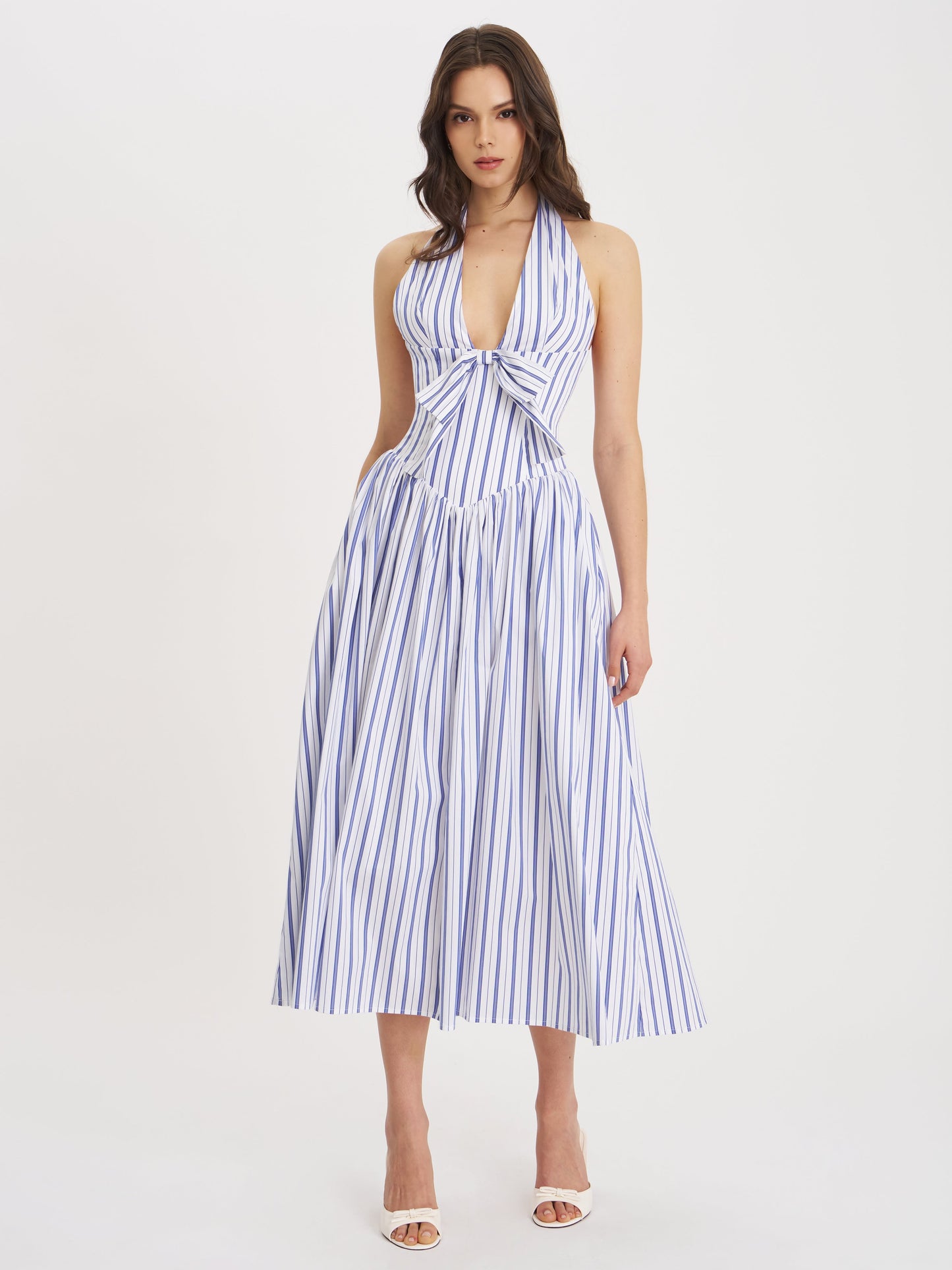 Mackenna Navy Stripe Halter Smock Back Maxi Dress