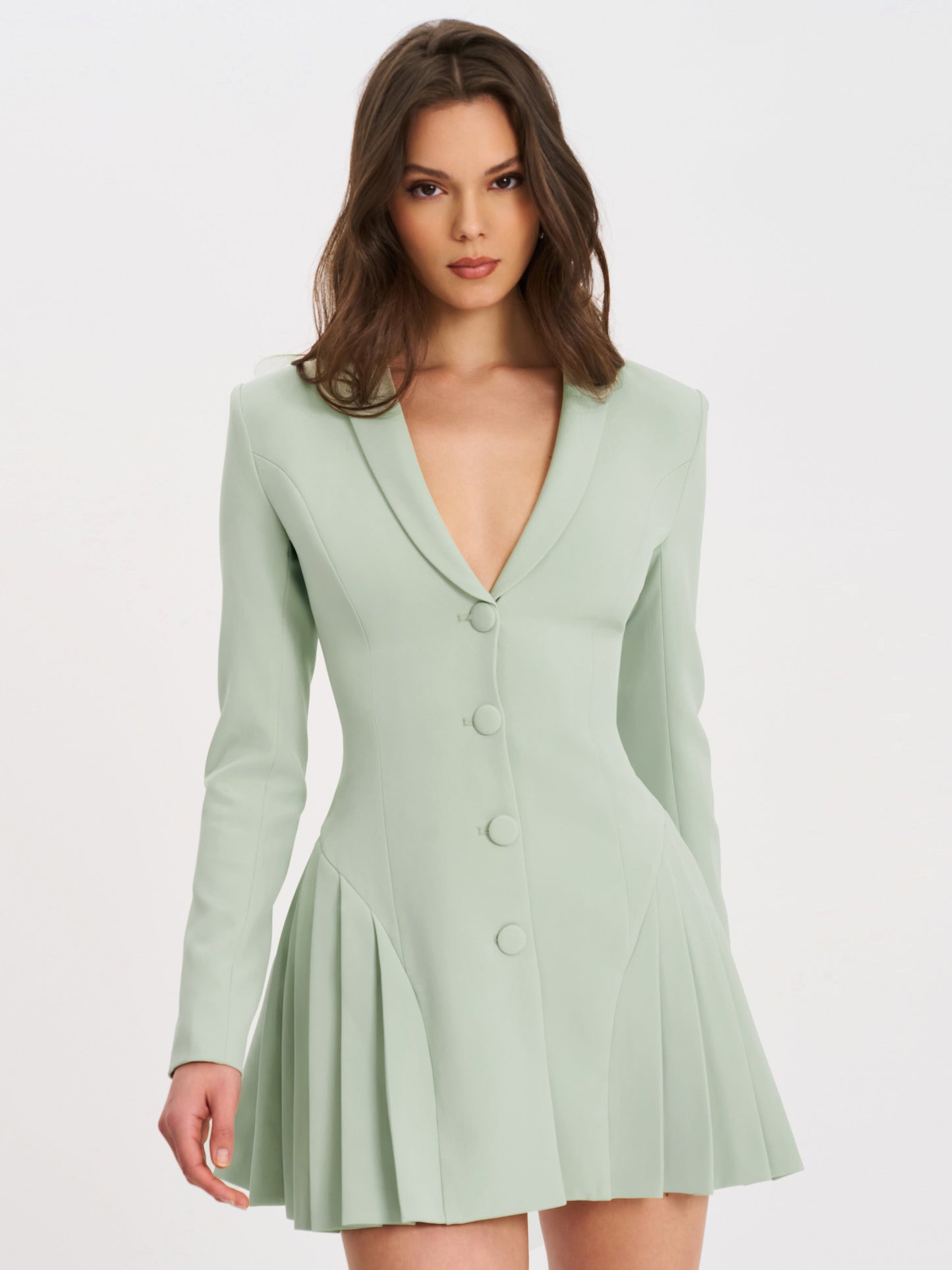 Delia Pistachio Green Blazer Dress with Pleated Detail