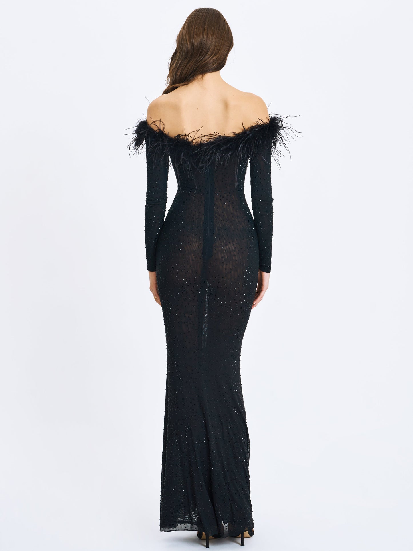 Emberly Black Fur Trimmed Off-Shoulder Rhinestone Mermaid Maxi Dress