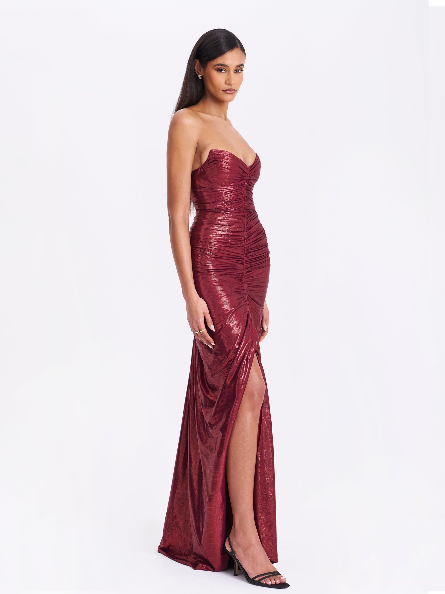 Sable Ruched Burgundy Glitter Mermaid Gown