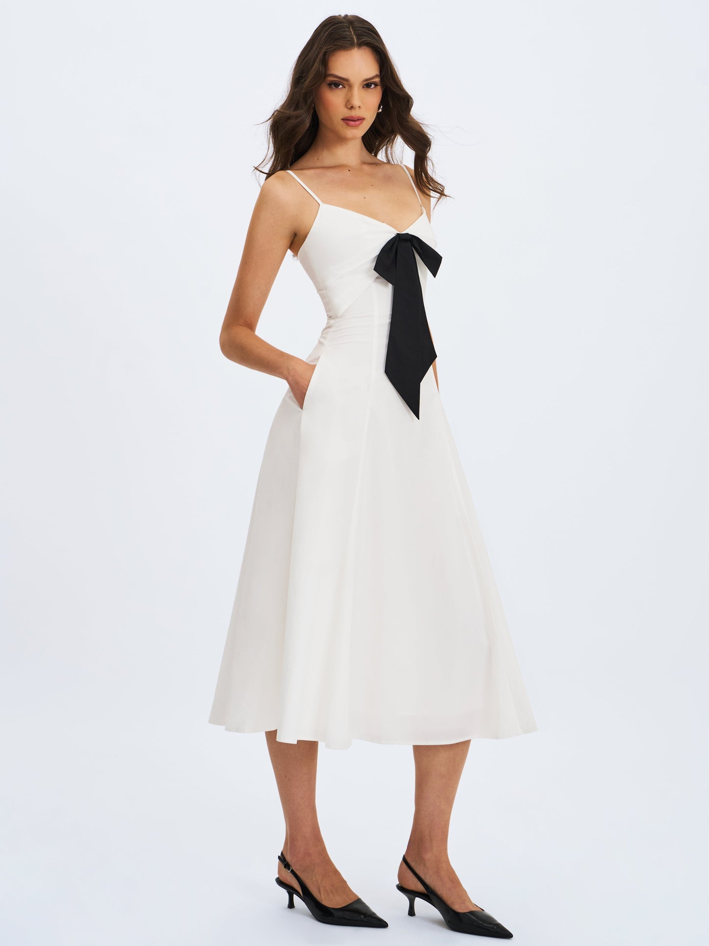 Corinne White Poplin Flared Midi Dress with Removable Bow