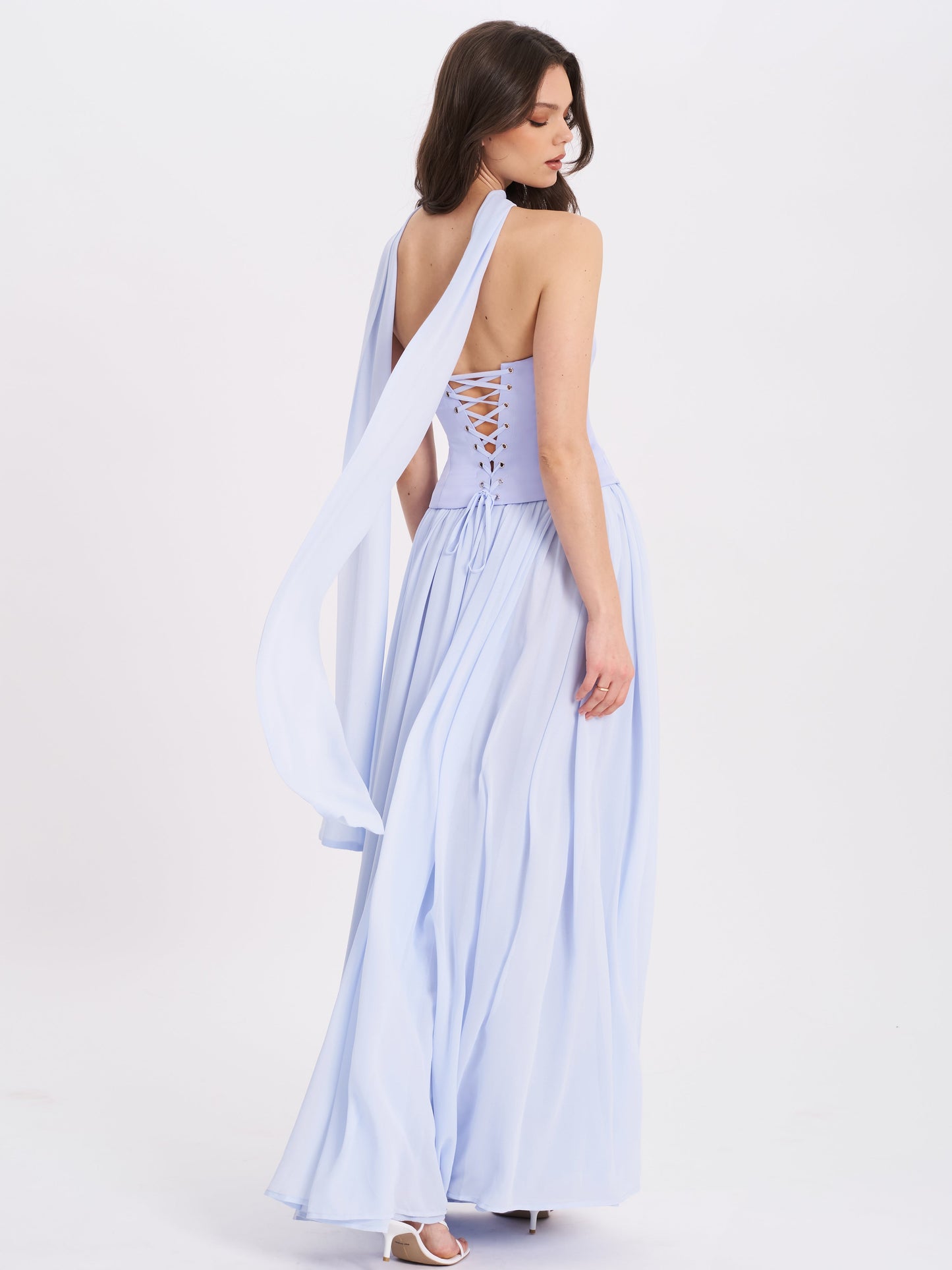 Qianna Baby Blue Peplum Drop Waist Chiffon Gown