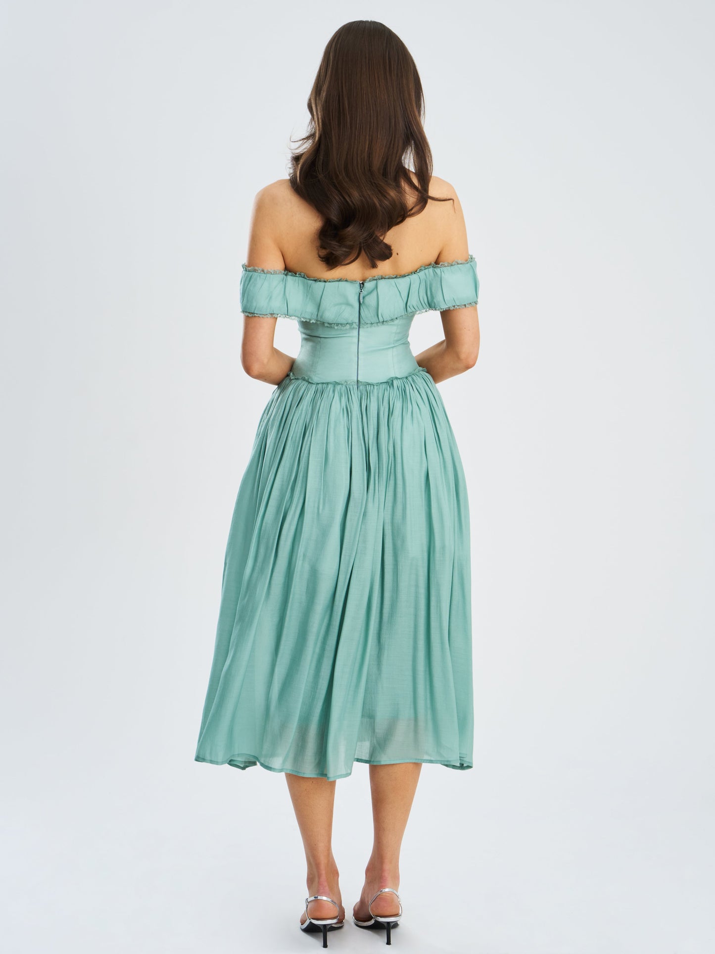 Xavy Teal Green Off Shoulder Corset Midi Dress