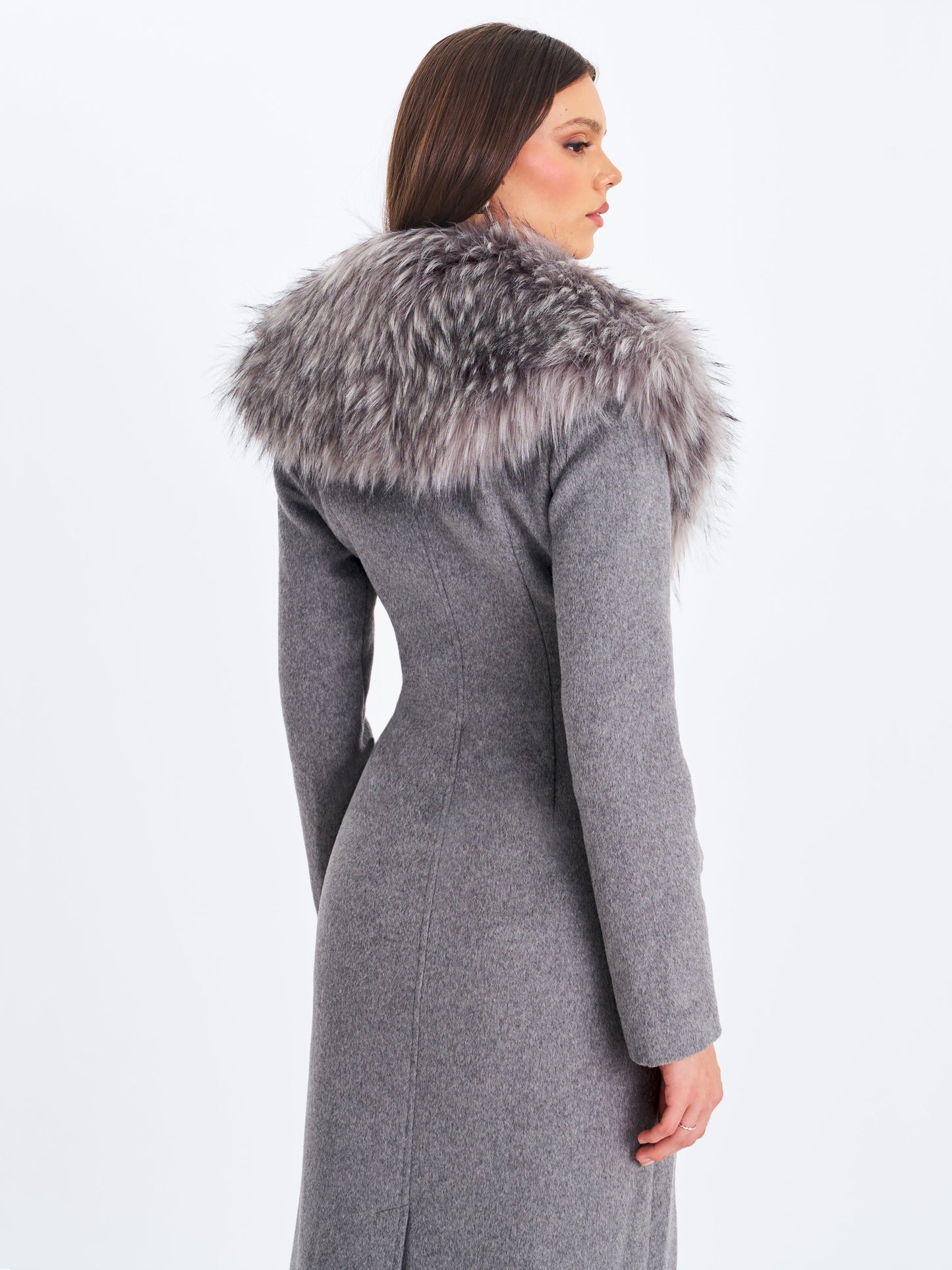 Faye Grey Wool Blend Single-Breasted Coat with Removable Faux Fur Collar