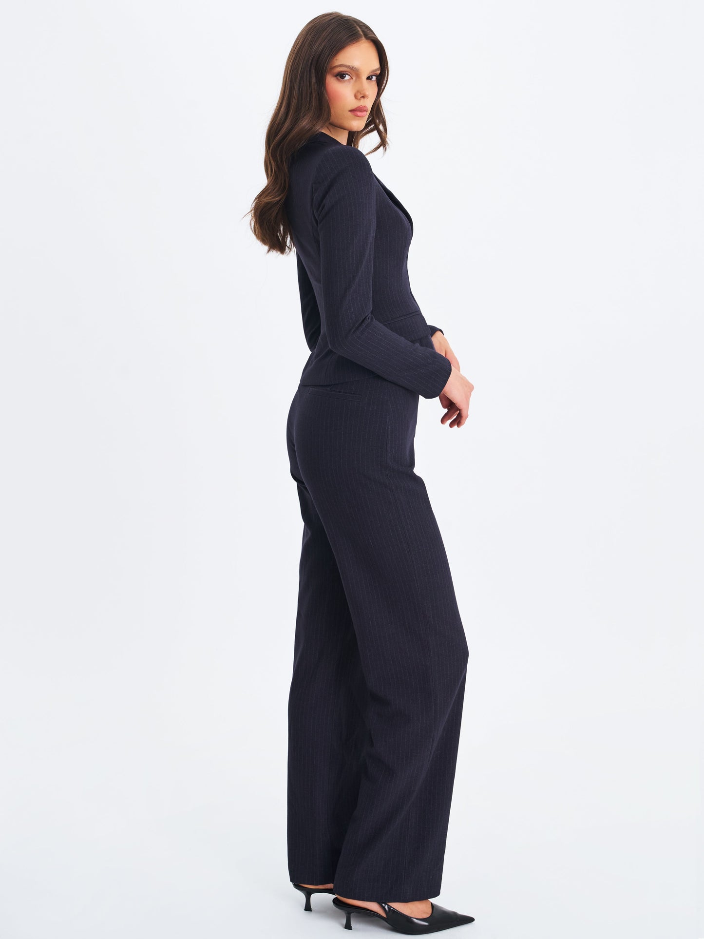 Quinnie Navy Striped High-Waisted Straight Leg Pants