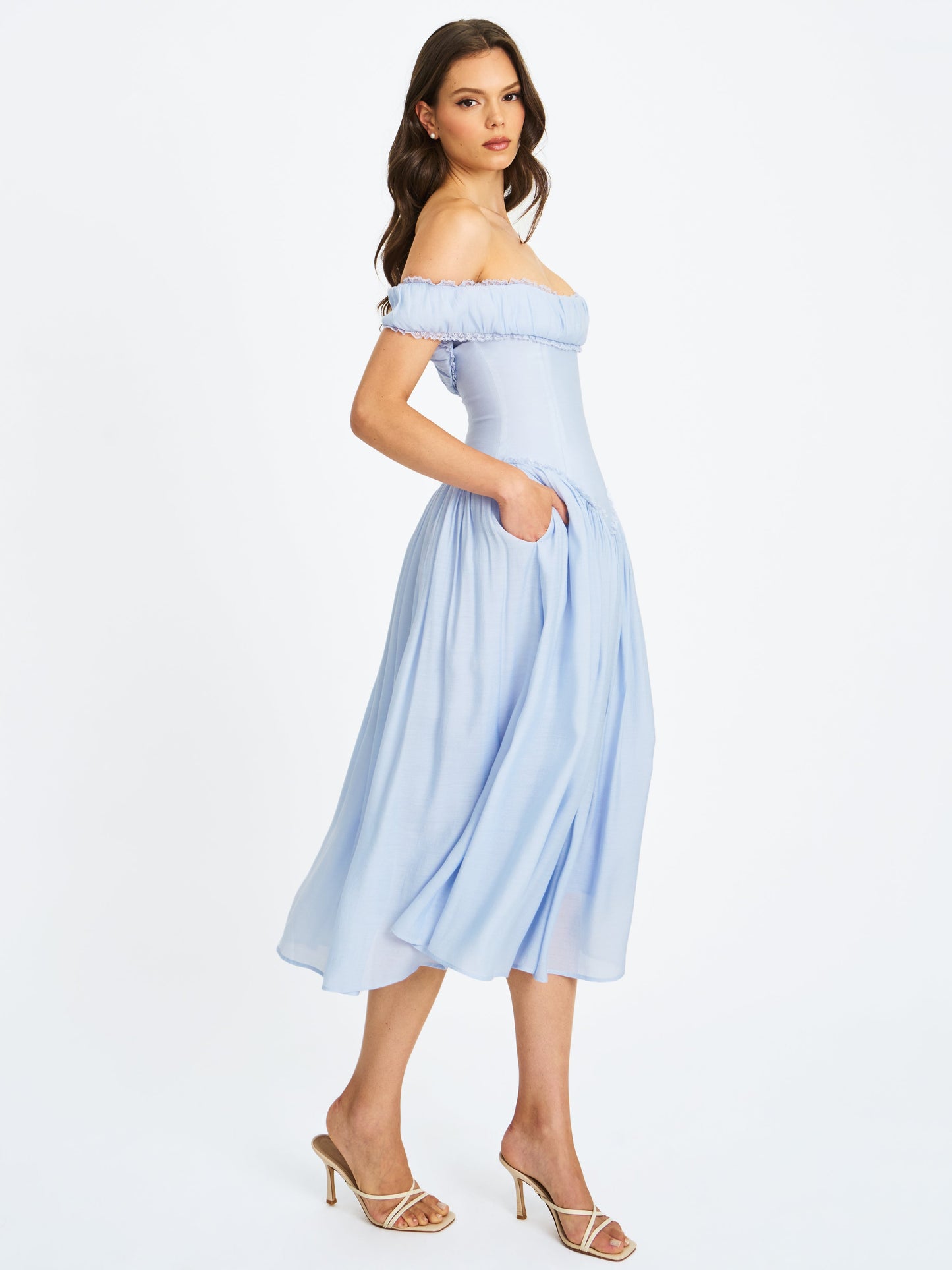 Xavy Baby Blue Off Shoulder Corset Midi Dress