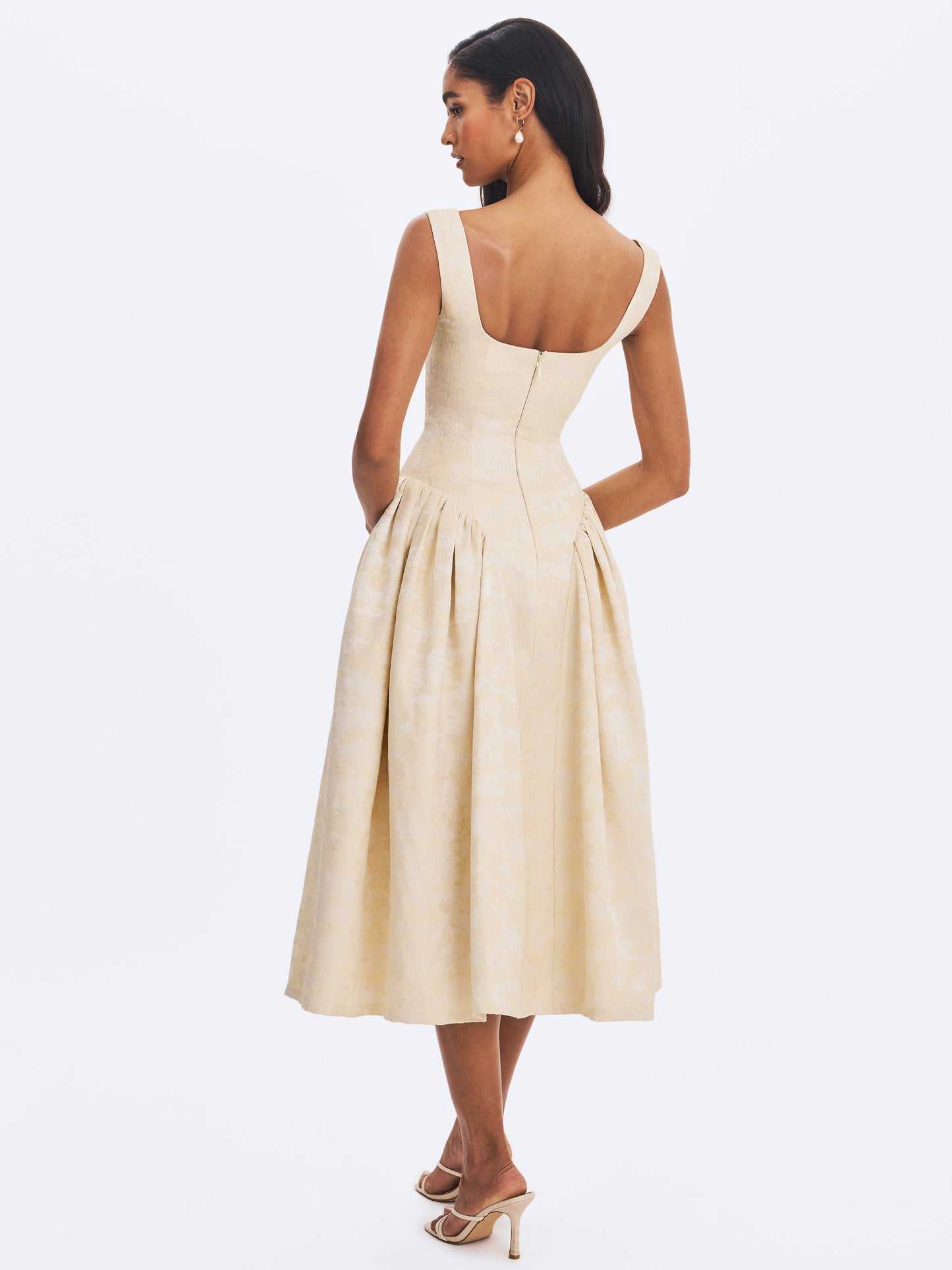 Chelsea Ivory Jacquard Ruched Bust Sweetheart Midi Dress