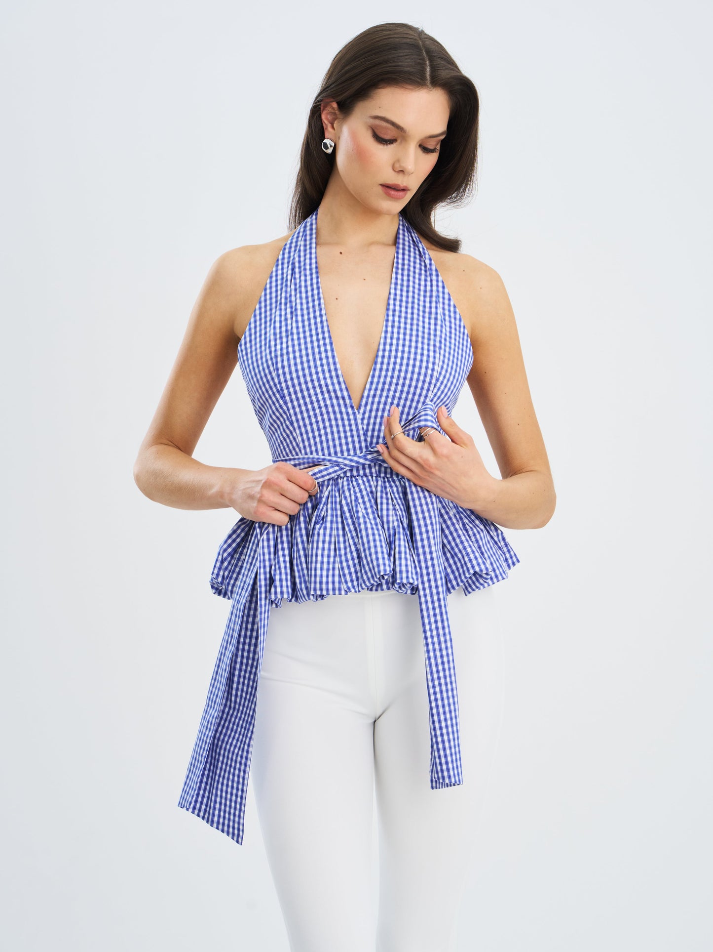 Ilene Blue and White Checkered Bubble Hem Halter Top