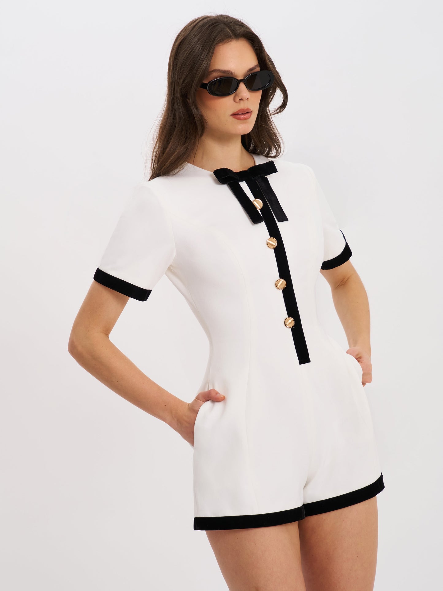 Idina Business Casual White Romper with Black Trim
