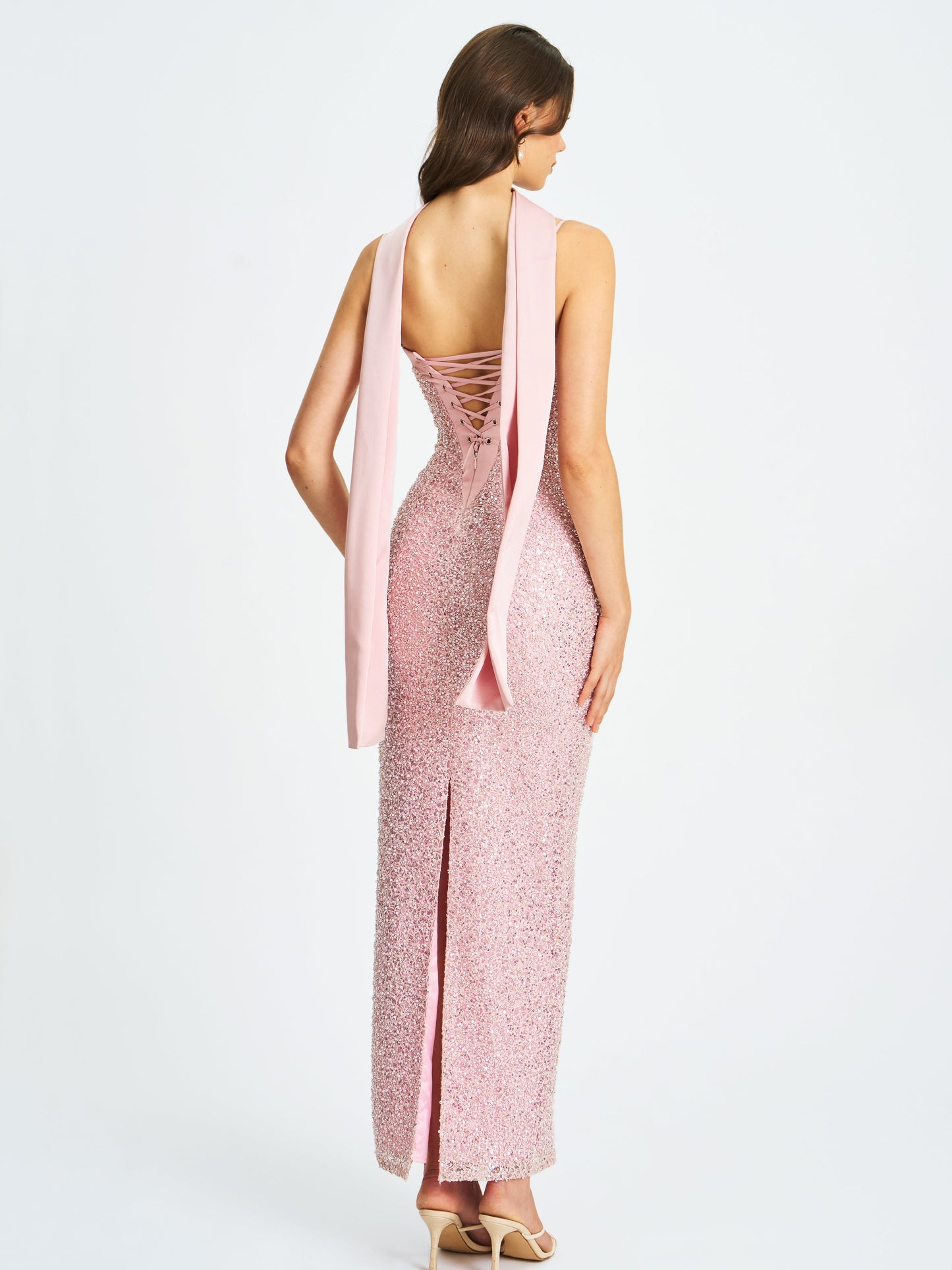Raizel Pink Beaded Sequin Bodycon Gown with Scarf