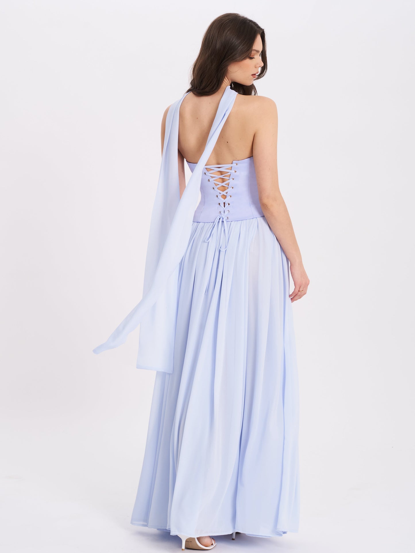 Qianna Baby Blue Peplum Drop Waist Chiffon Gown