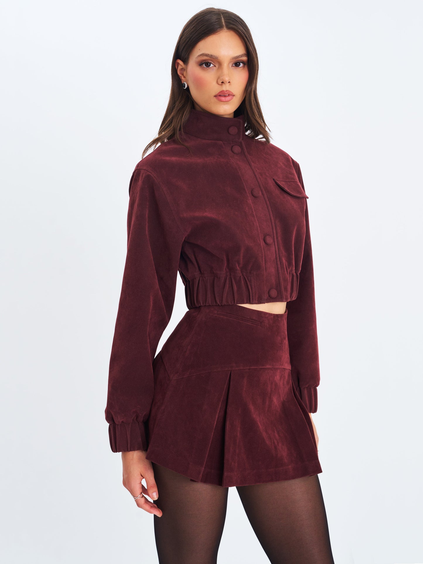 Faryn Mahogany Vegan Suede Pleated A-Line Mini Skirt